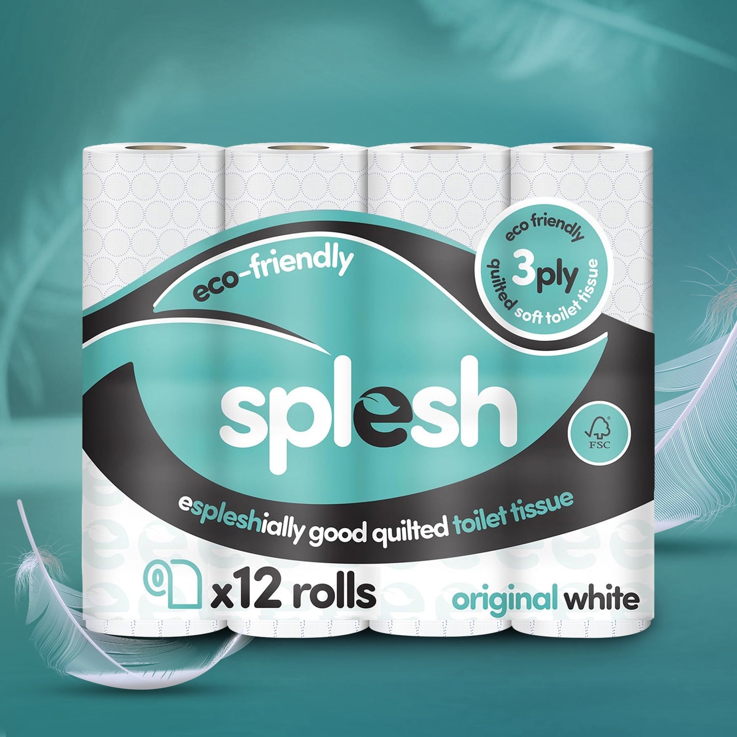 Splesh Toilet Roll Soft & Quilted 3-Ply Original White Toilet Tissue, 12 Rolls