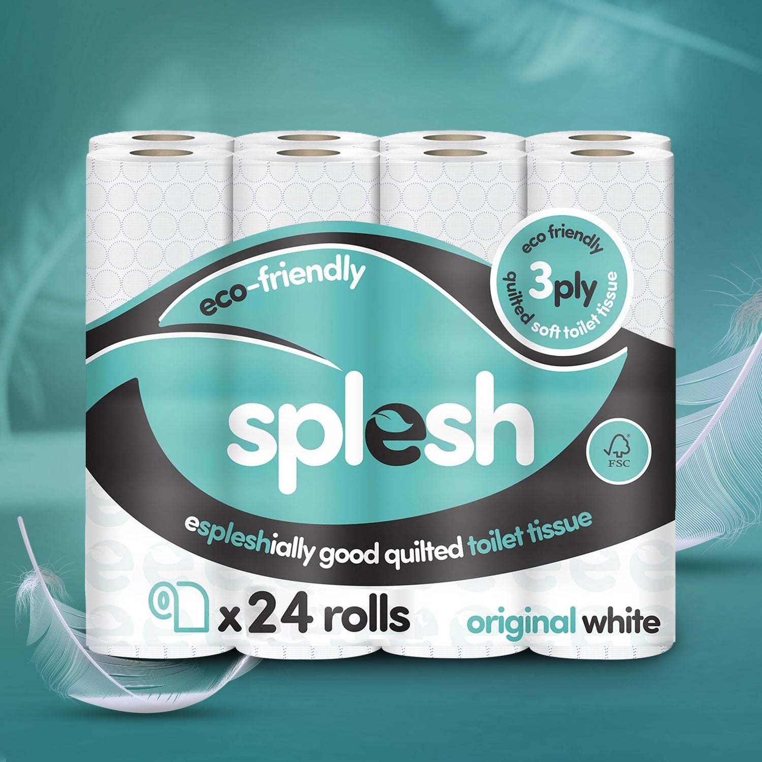 Splesh Toilet Roll Soft & Quilted 3-Ply Original White Toilet Tissue, 24 Rolls
