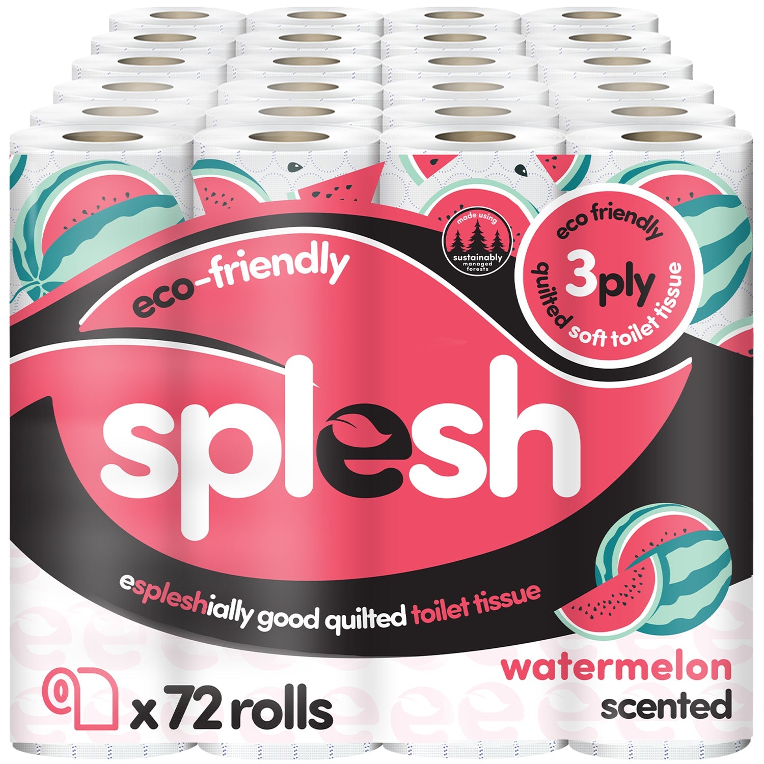 Splesh Quilted Toilet Roll Luxury Watermelon 3-Ply Soft Toilet Paper, 72 Rolls