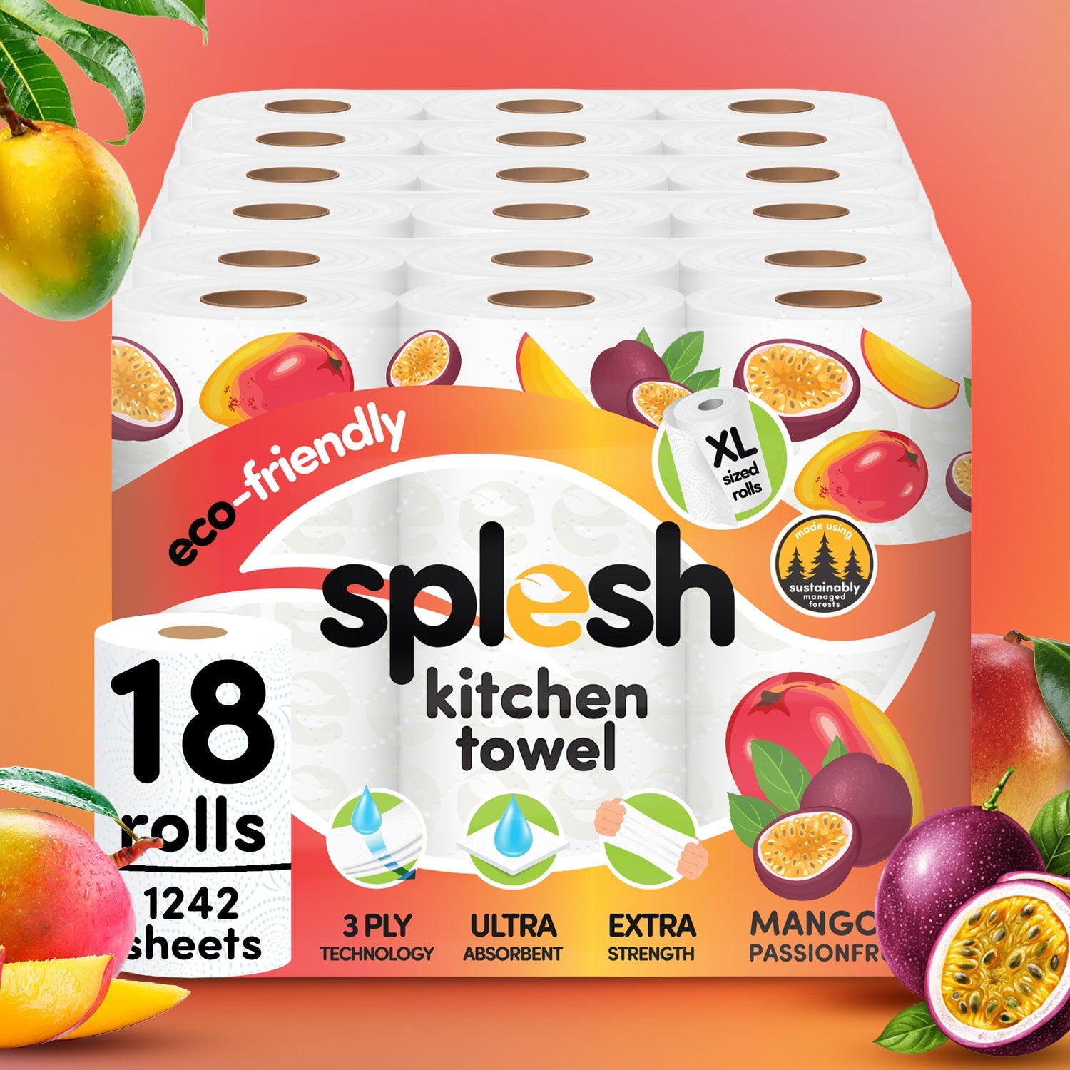 Splesh Culina Kitchen Towel - Mango & Passionfruit scented 3 Ply Ultra Absorbent Household XL Roll, 18 Rolls