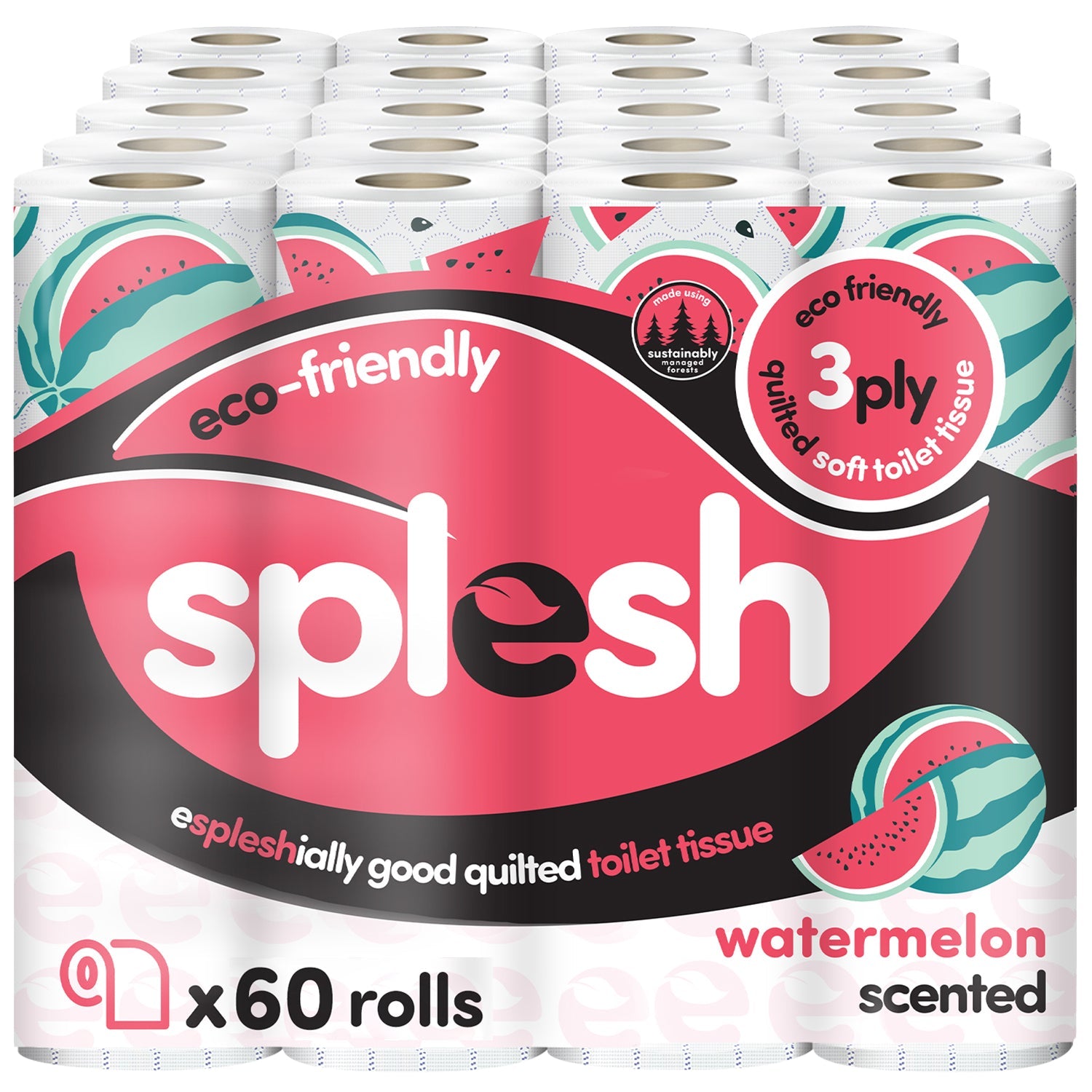 Splesh Quilted Toilet Roll Luxury Watermelon 3-Ply Soft Toilet Paper, 60 Rolls