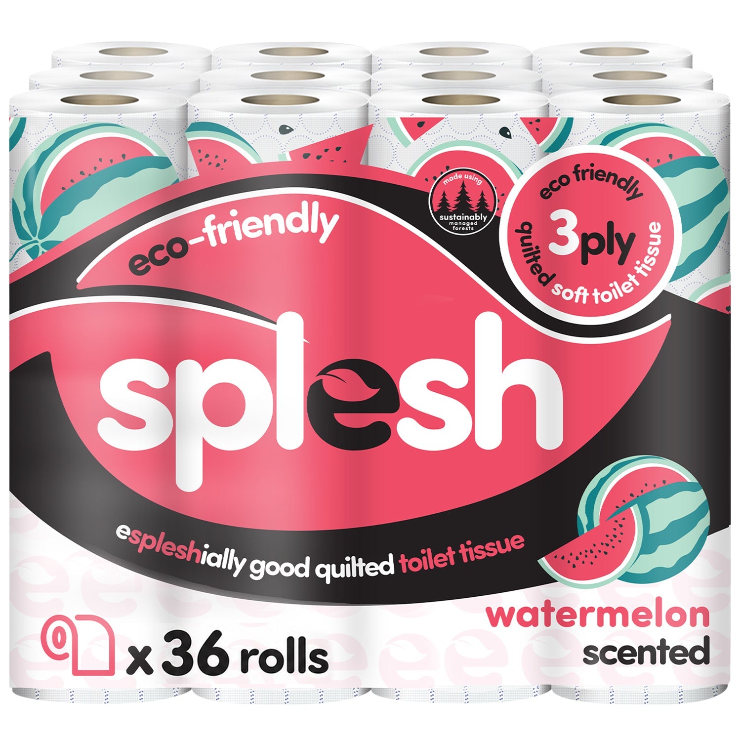 Splesh Quilted Toilet Roll Luxury Watermelon 3-Ply Soft Toilet Paper, 36 Rolls