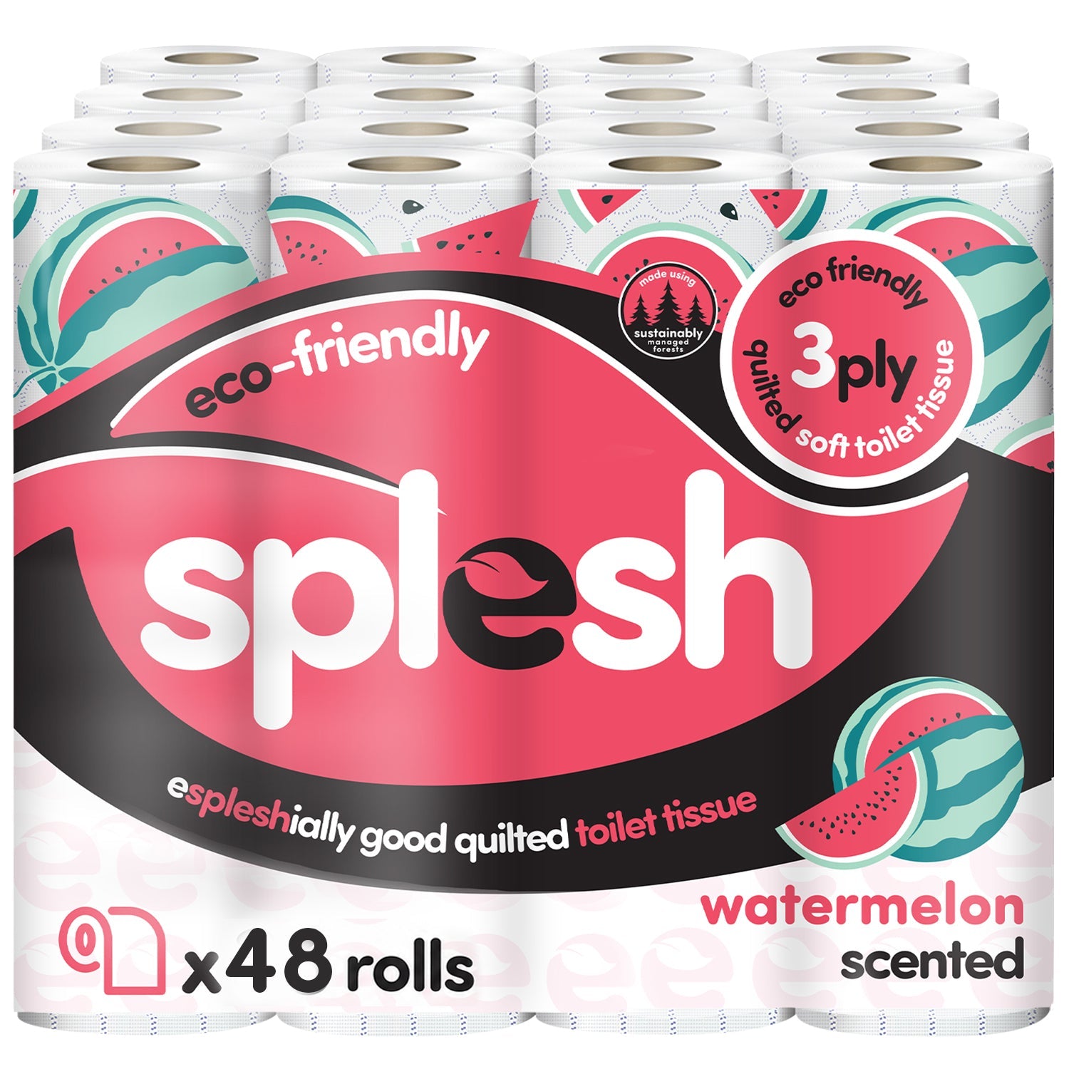 Splesh Quilted Toilet Roll Luxury Watermelon 3-Ply Soft Toilet Paper, 48 Rolls