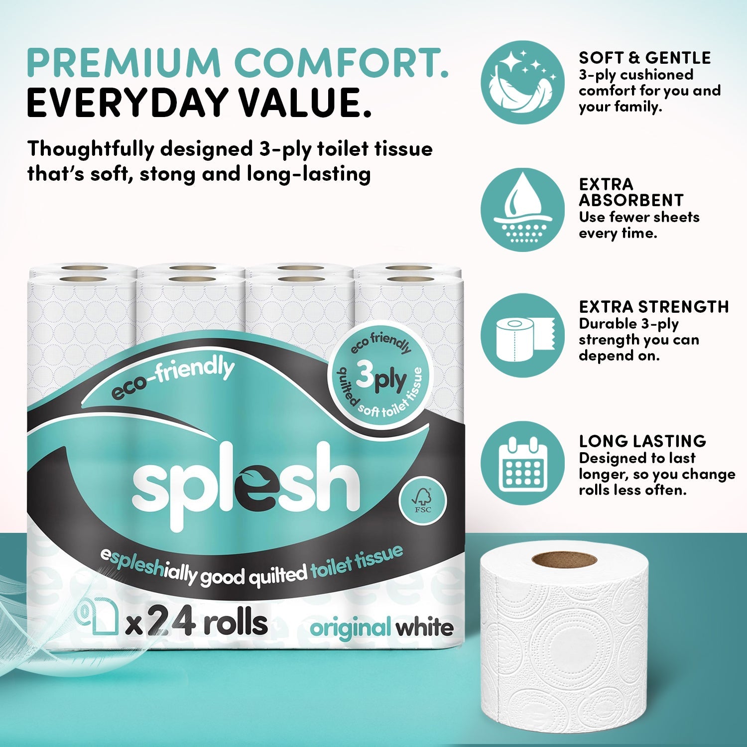 Splesh Toilet Roll Soft & Quilted 3-Ply Original White Toilet Tissue, 24 Rolls