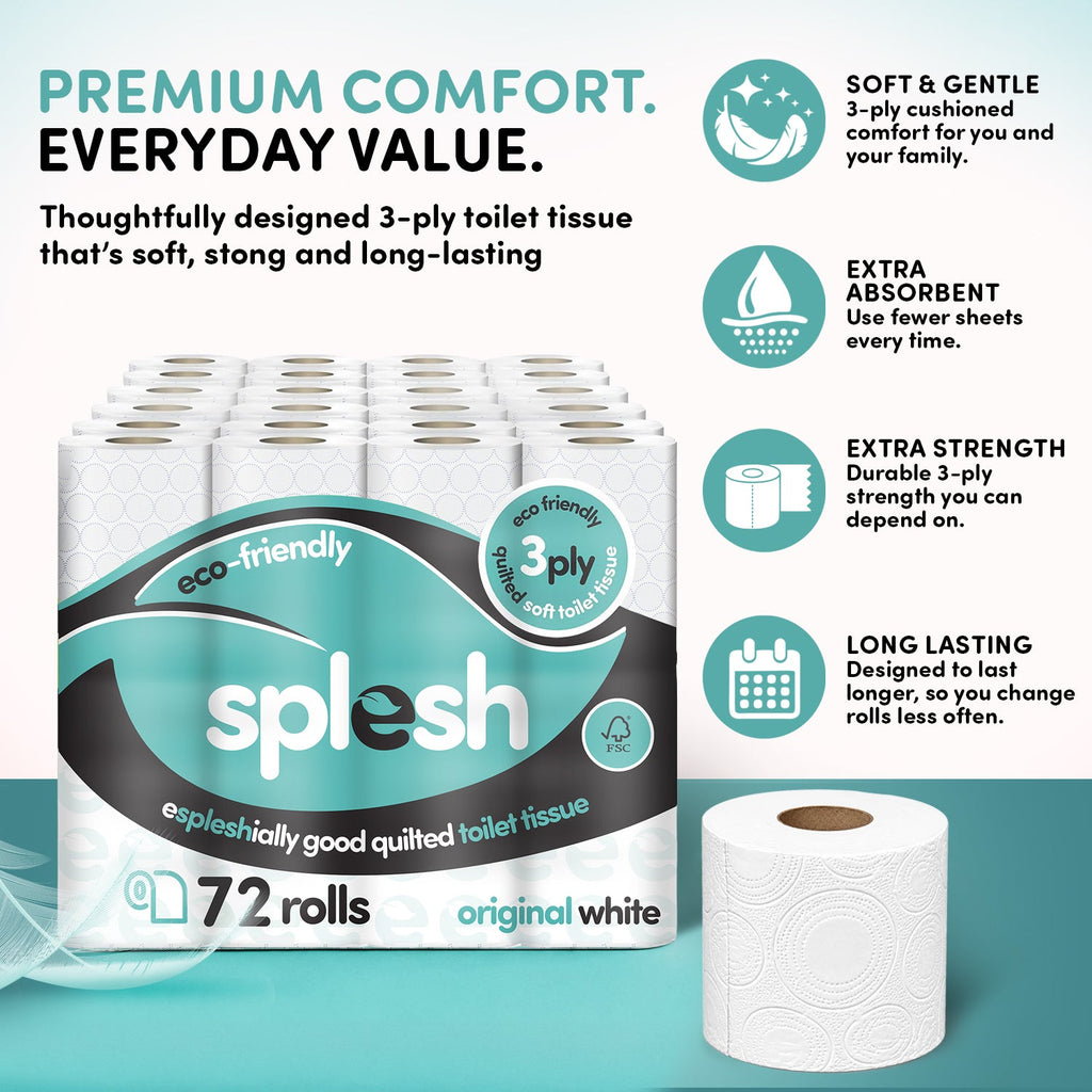 Splesh Toilet Roll, Soft & Quilted Eco-Friendly, White, 72 Rolls