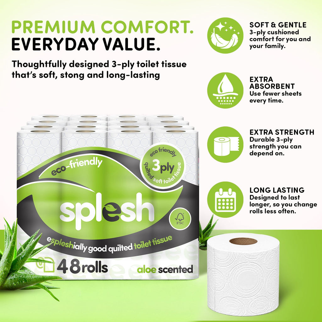 Splesh Toilet Roll Soft & Quilted 3-Ply AloeVera Scented Toilet Tissue, 48 Rolls