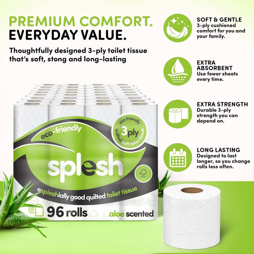 Splesh Toilet Roll Eco-Friendly, Soft & Quilted, Aloe Vera 96 Rolls