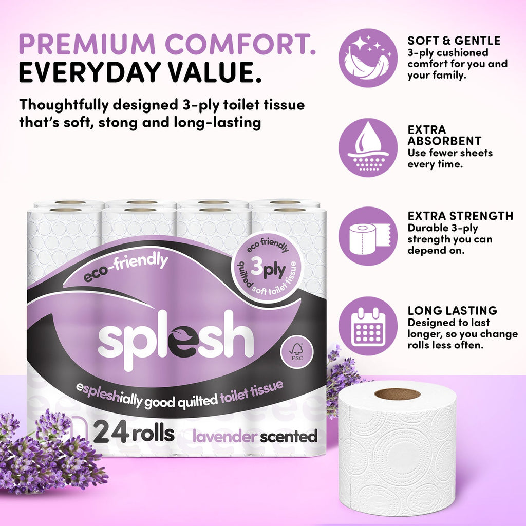 Splesh Toilet Roll Soft & Quilted 3-Ply Lavender Scented Toilet Tissue, 12 Rolls
