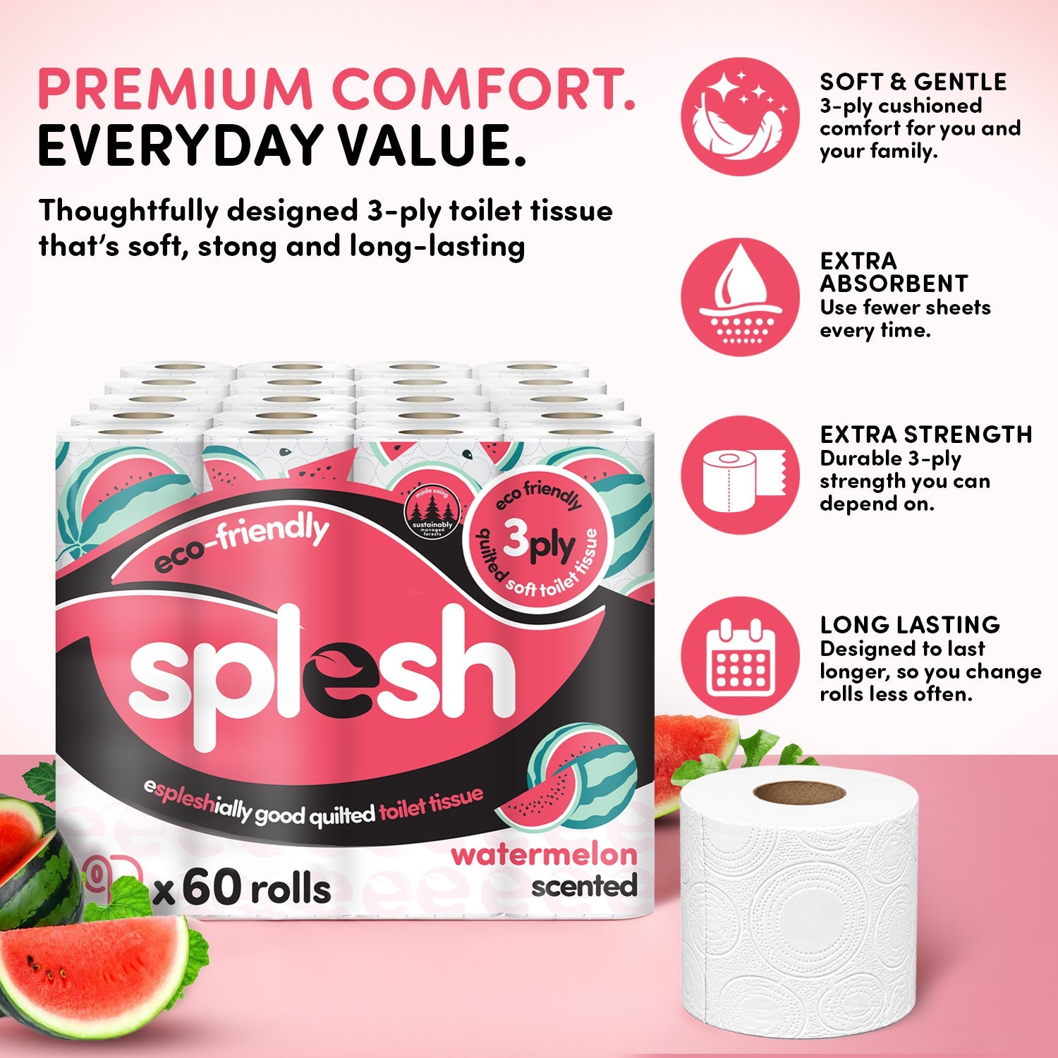 Splesh Quilted Toilet Roll Luxury Watermelon 3-Ply Soft Toilet Paper, 60 Rolls