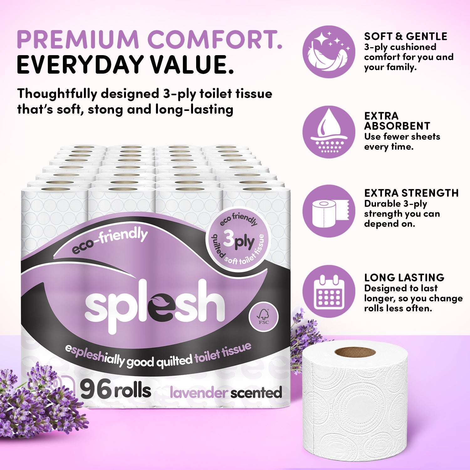 Splesh Toilet Roll, Soft & Quilted Eco-Friendly Lavender, 96 Rolls
