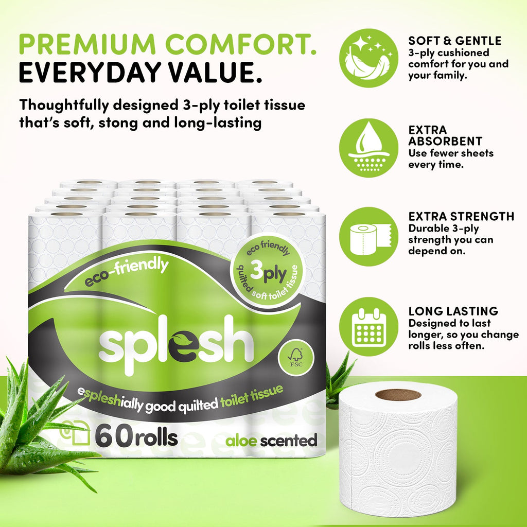 Splesh Toilet Roll Eco-Friendly, Soft & Quilted, Aloe Vera (60 Rolls)