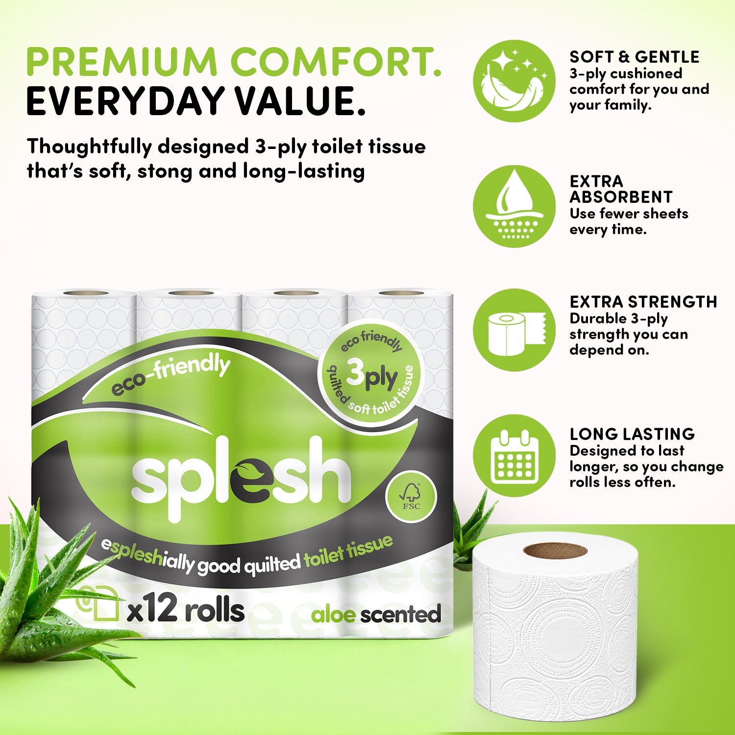 Splesh Toilet Roll Soft & Quilted 3-Ply AloeVera Scented Toilet Tissue, 24 Rolls