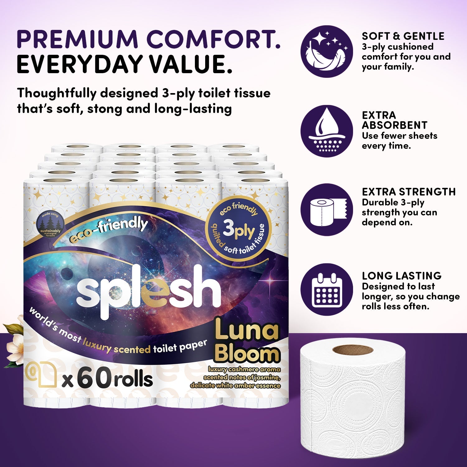 Splesh Quilted Luna Bloom 3-Ply Luxury Scented Toilet Tissue Paper, 60 Rolls