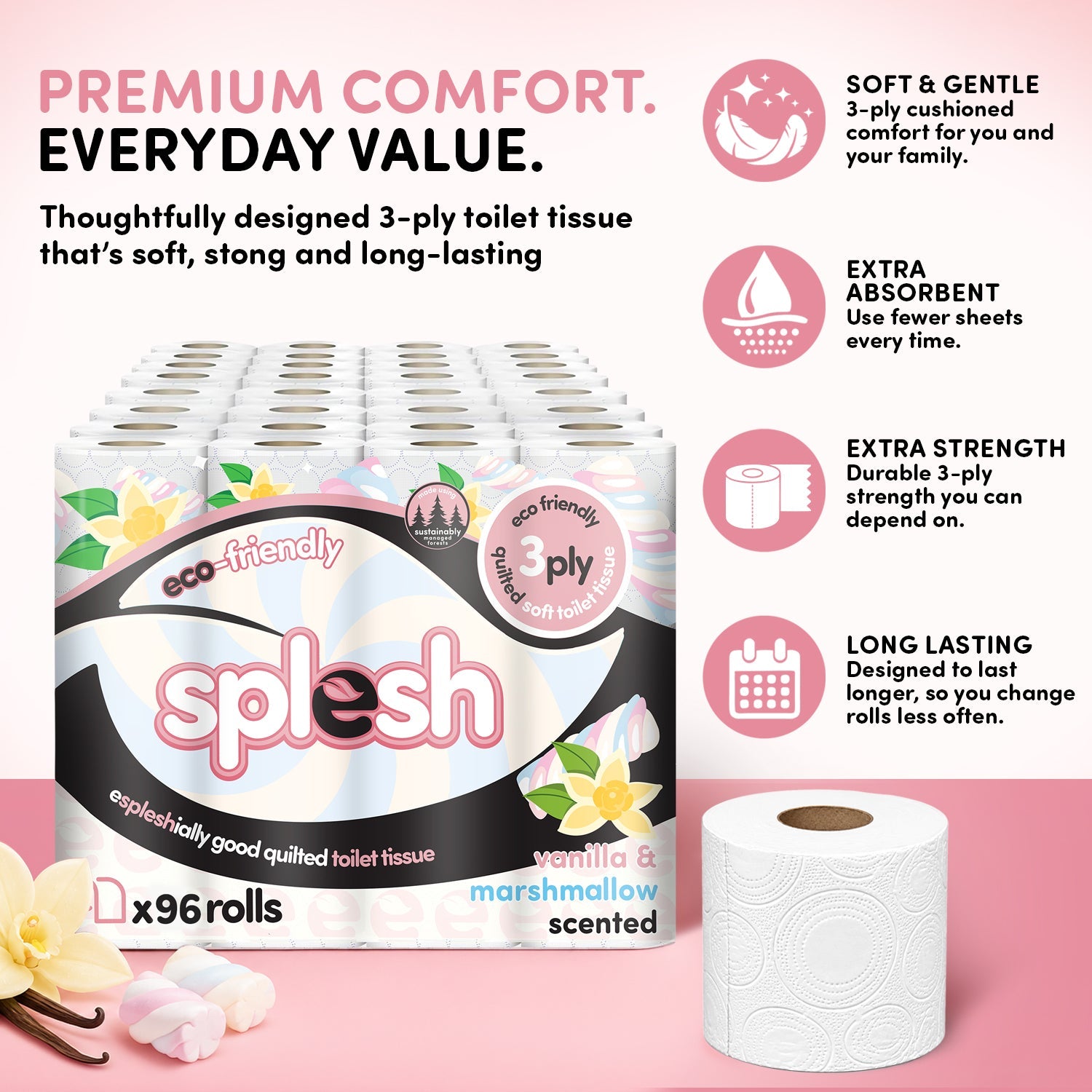 Splesh Quilted Toilet Roll Luxury Vanilla & Marshmallow 3-Ply Soft Toilet Paper, 96 Rolls