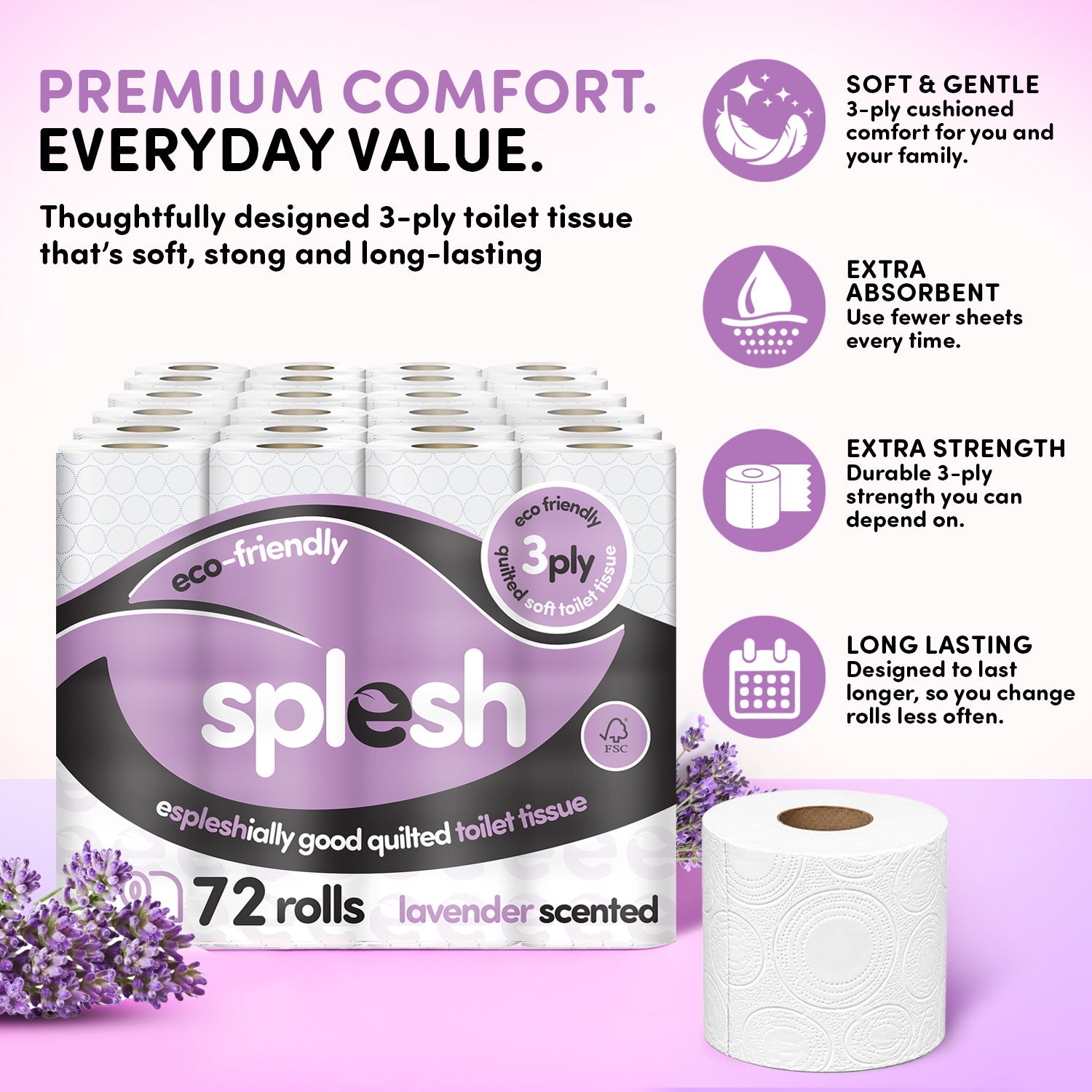 Splesh Toilet Roll, Soft & Quilted Eco-Friendly Lavender, 72 Rolls