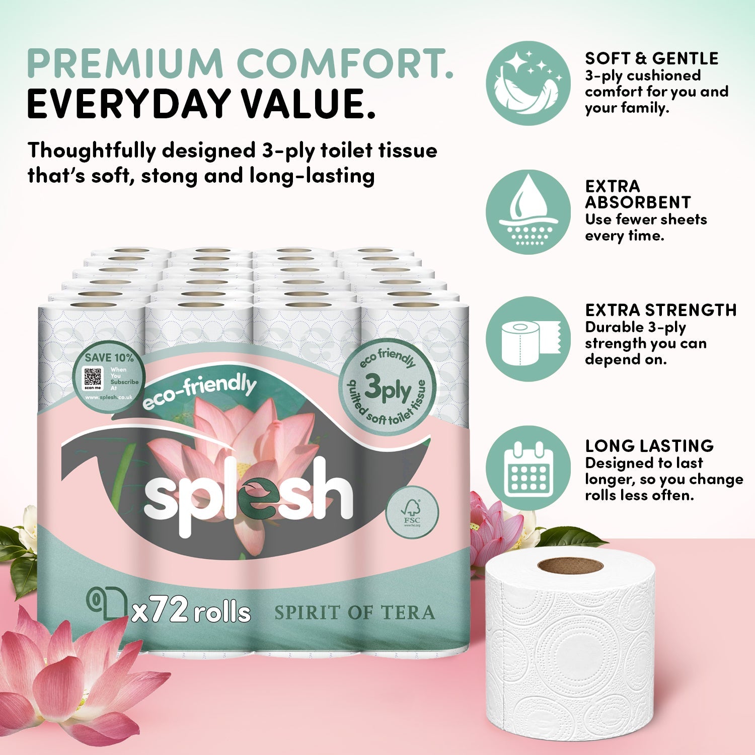 Splesh Toilet Roll, Soft & Quilted Eco-Friendly, Spirit of Tera, 72 Rolls