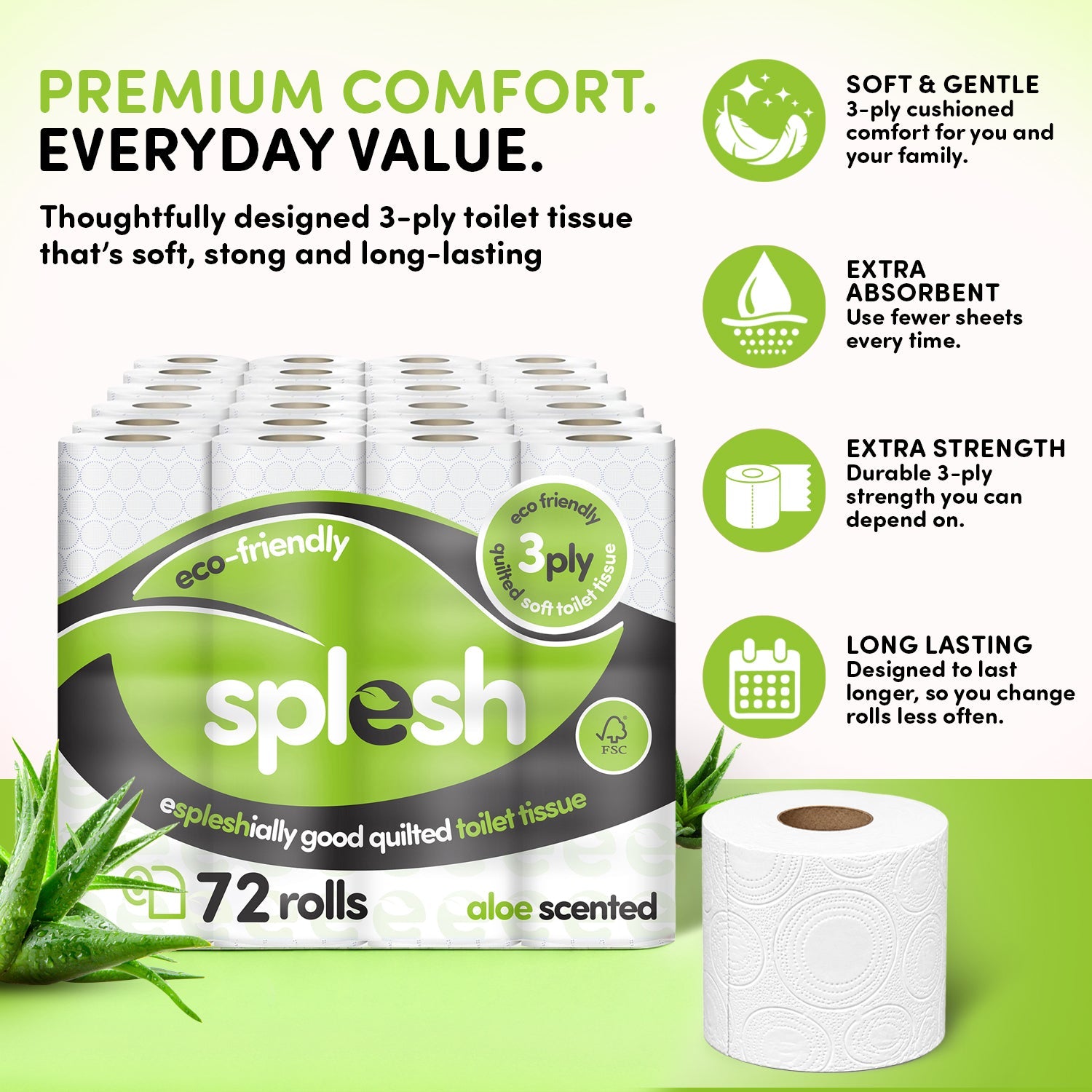 Splesh Toilet Roll Eco-Friendly, Soft & Quilted, Aloe Vera (72 Rolls)