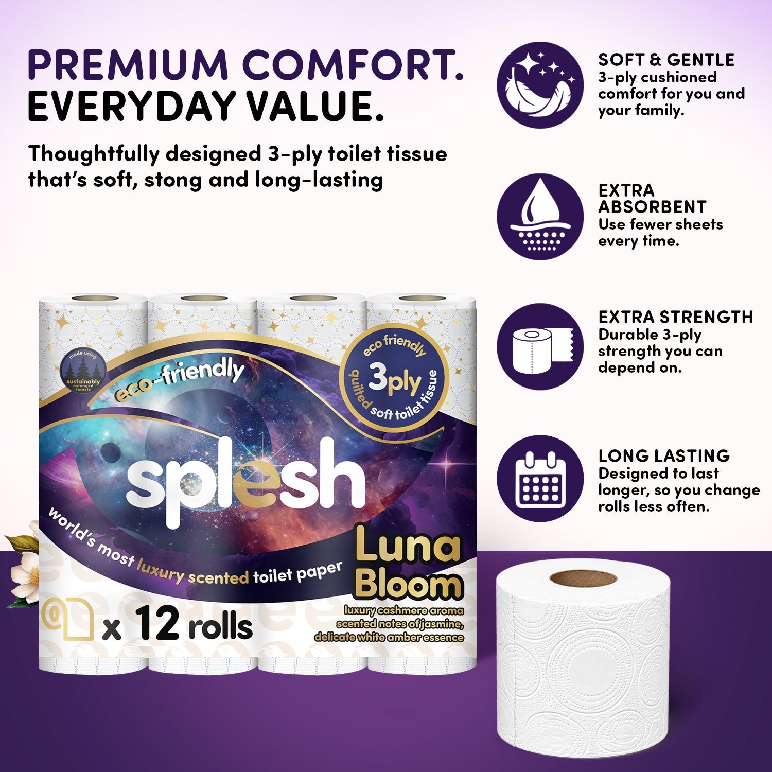 Splesh Quilted Luna Bloom 3-Ply Luxury Scented Toilet Tissue Paper, 12 Rolls