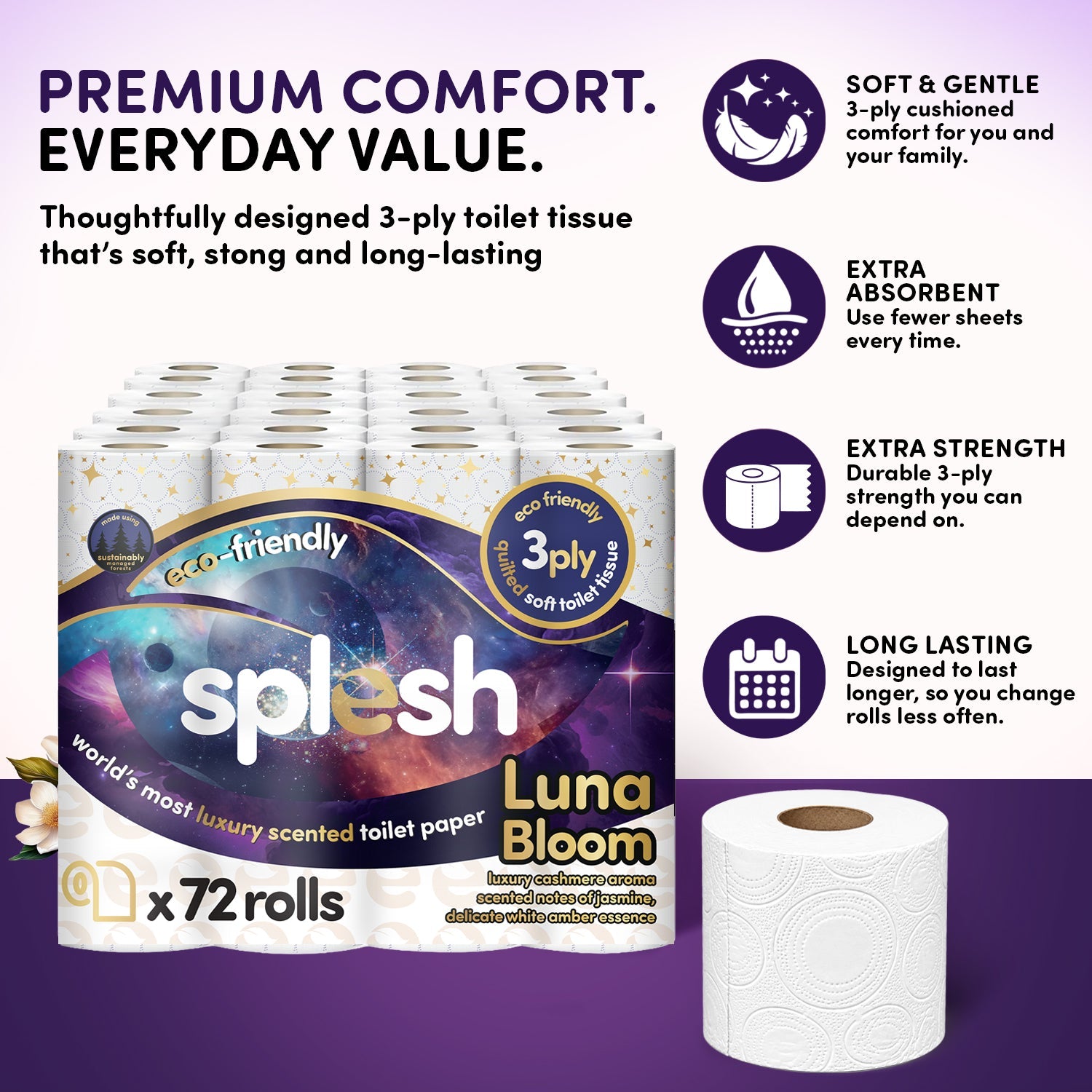 Splesh Quilted Luna Bloom 3-Ply Luxury Scented Toilet Tissue Paper, 72 Rolls