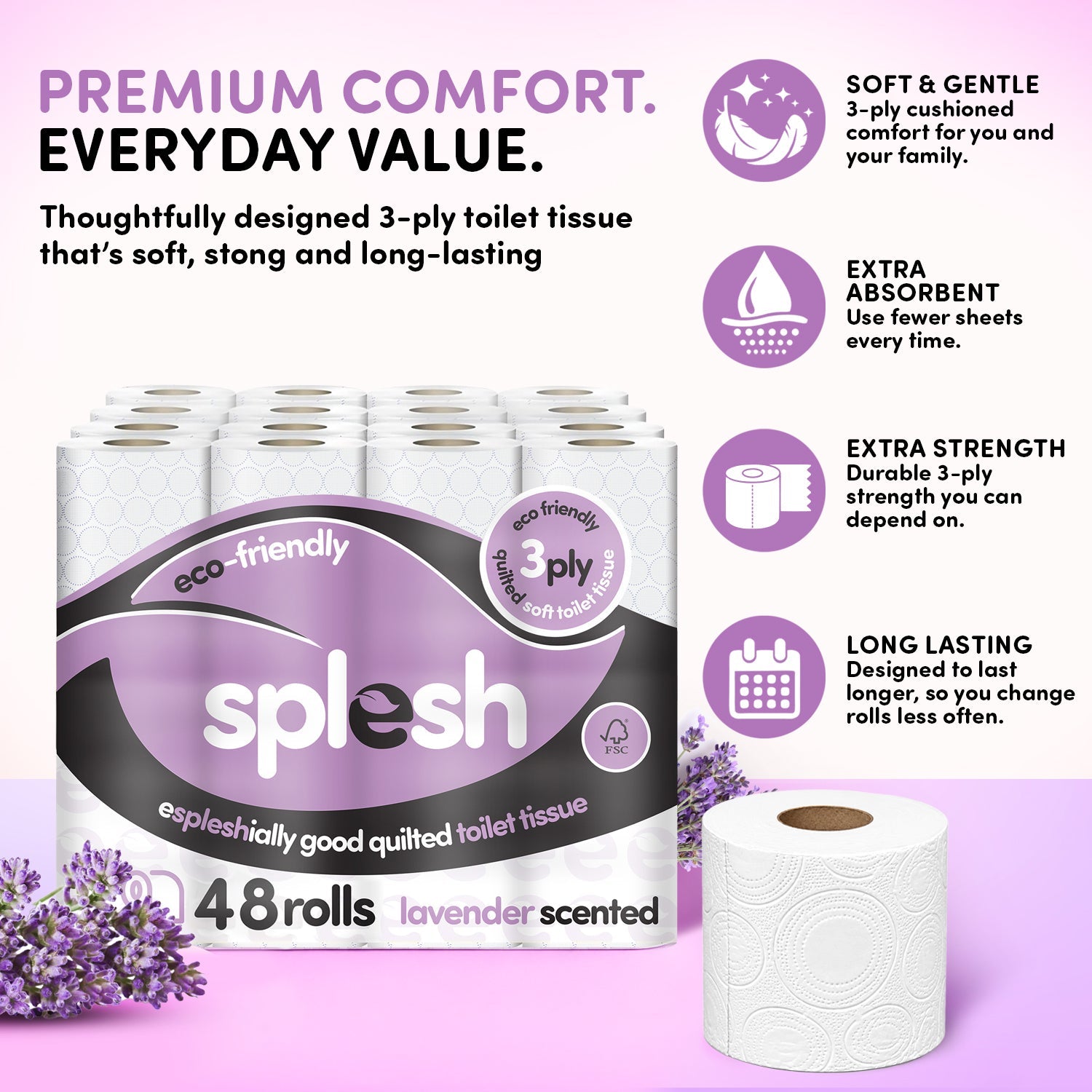Splesh Toilet Roll, Soft & Quilted Eco-Friendly Lavender, 36 Rolls
