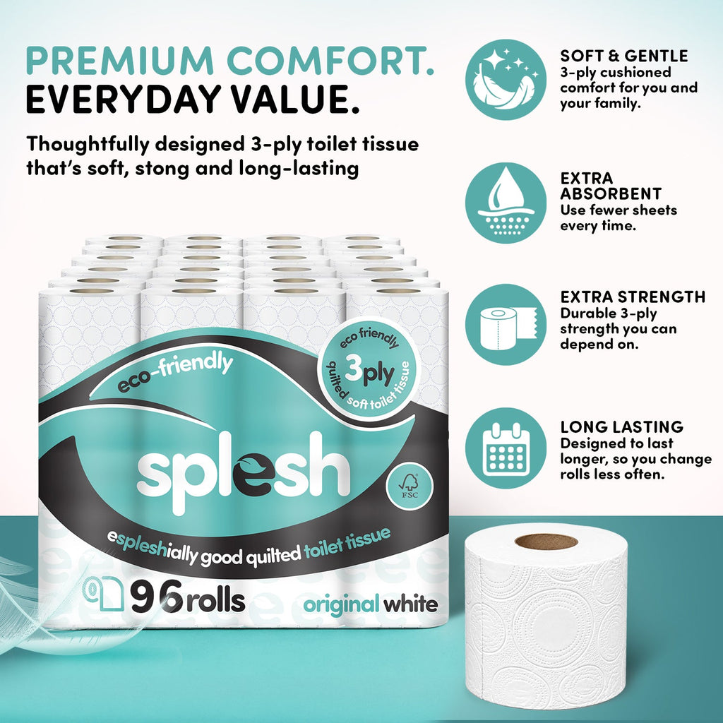 Splesh Toilet Roll, Soft & Quilted Eco-Friendly, White, 96 Rolls