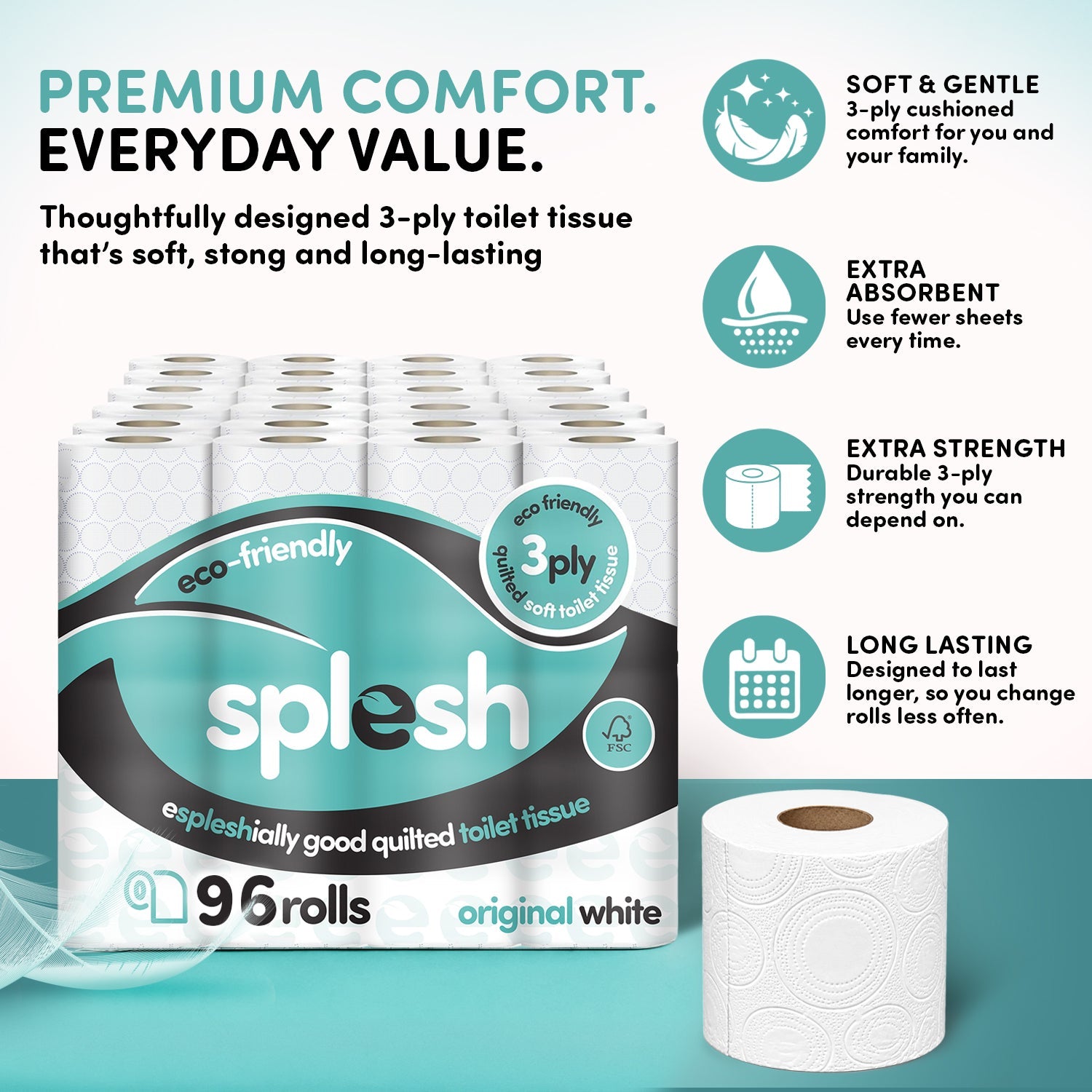 Splesh Toilet Roll, Soft & Quilted Eco-Friendly, White, 96 Rolls