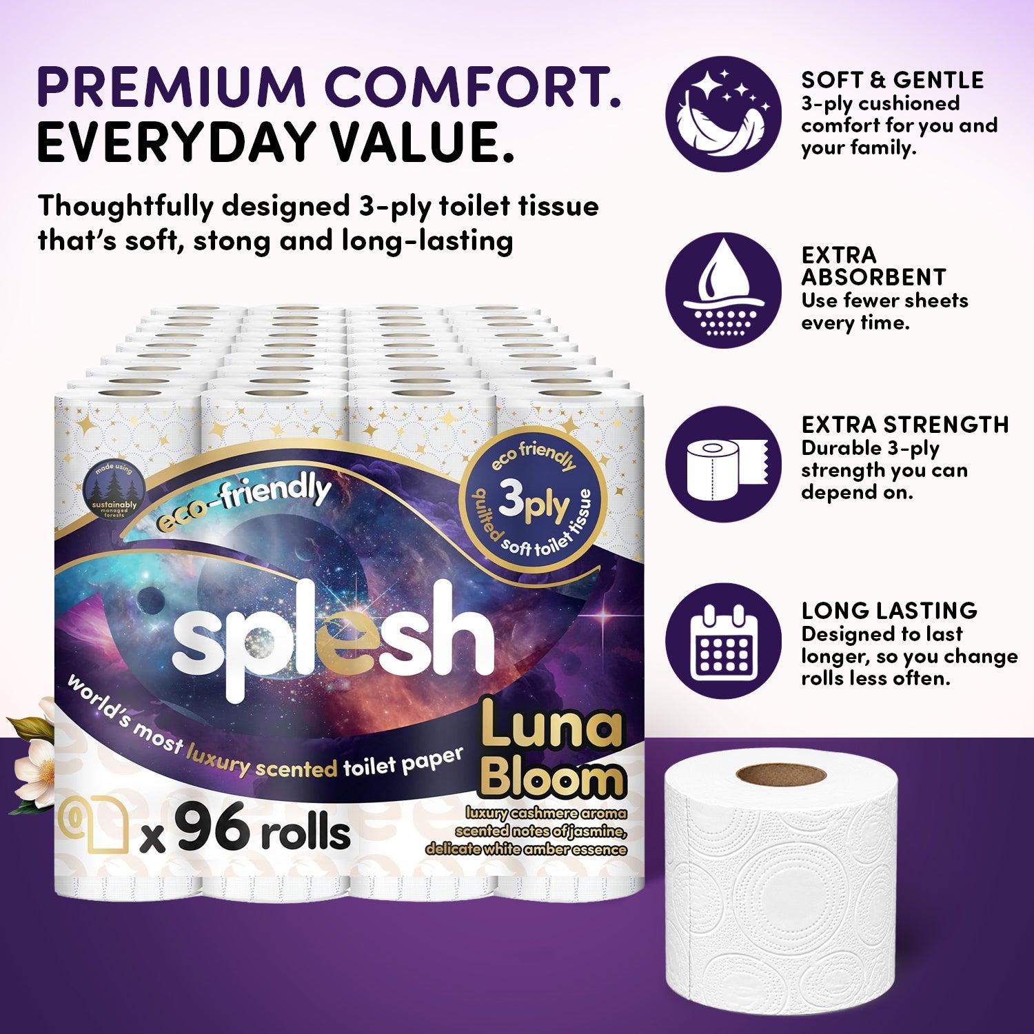 Splesh Quilted Luna Bloom 3-Ply Luxury Scented Toilet Tissue Paper, 96 Rolls