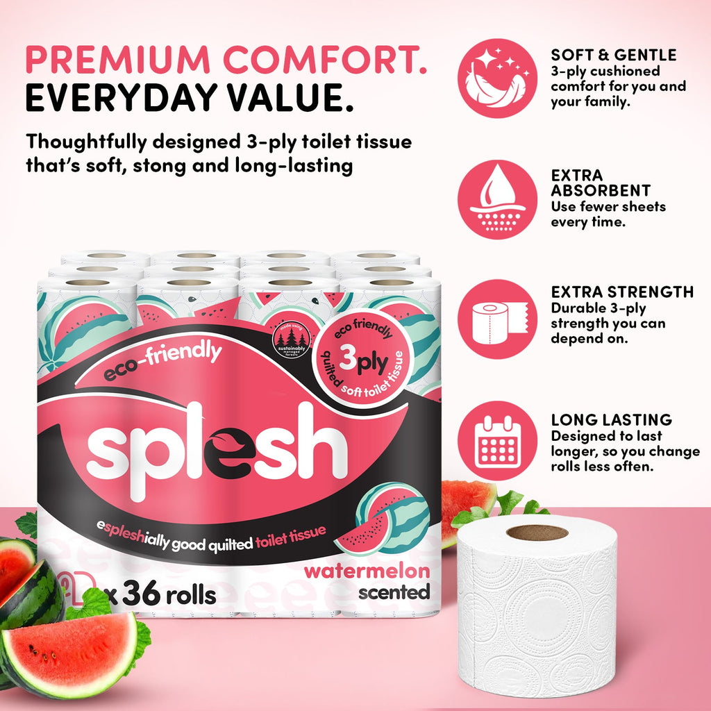 Splesh Quilted Toilet Roll Luxury Watermelon 3-Ply Soft Toilet Paper, 36 Rolls