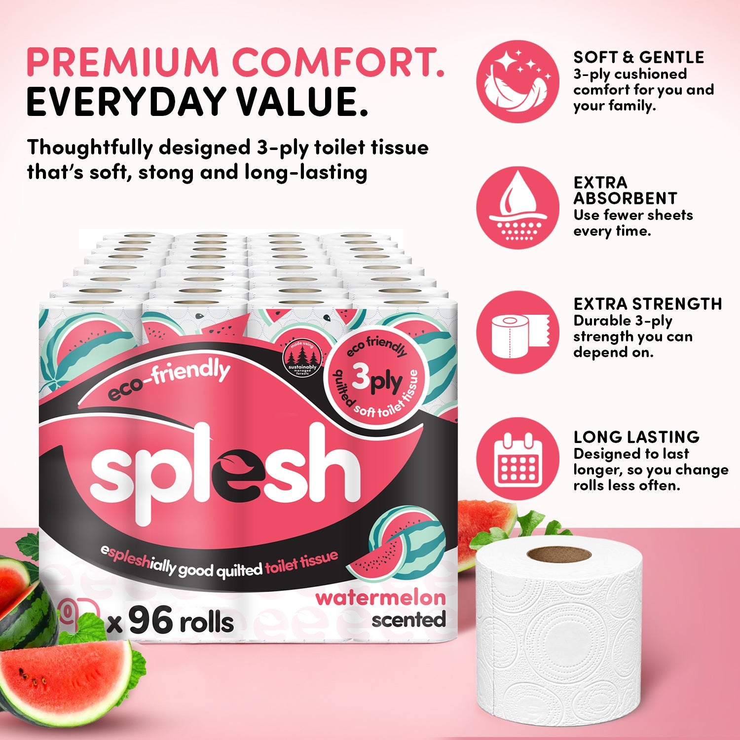 Splesh Quilted Toilet Roll Luxury Watermelon 3-Ply Soft Toilet Paper, 96 Rolls