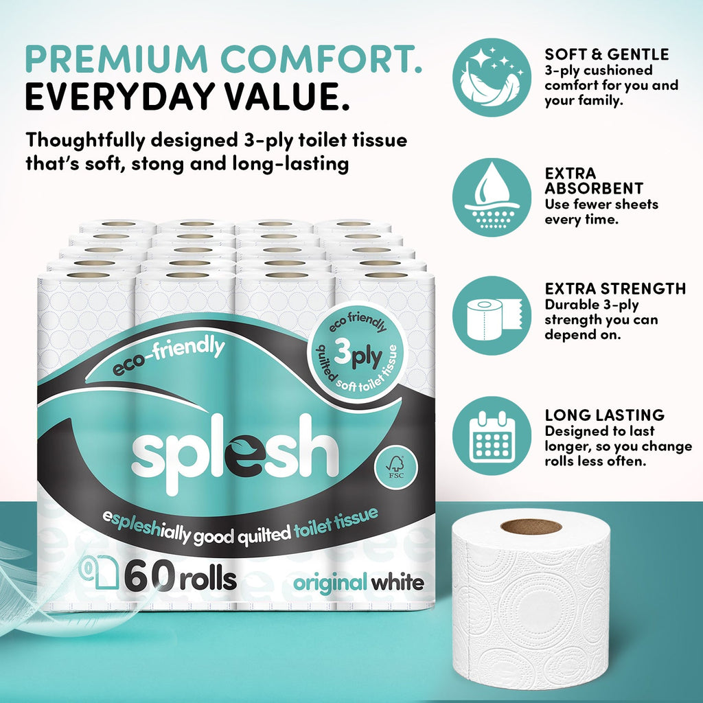 Splesh Toilet Roll, Soft & Quilted Eco-Friendly, White, 60 Rolls