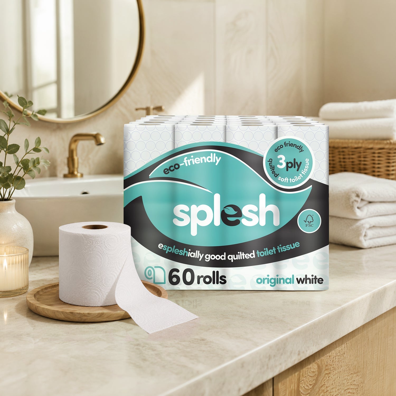 Splesh Toilet Roll, Soft & Quilted Eco-Friendly, White, 60 Rolls