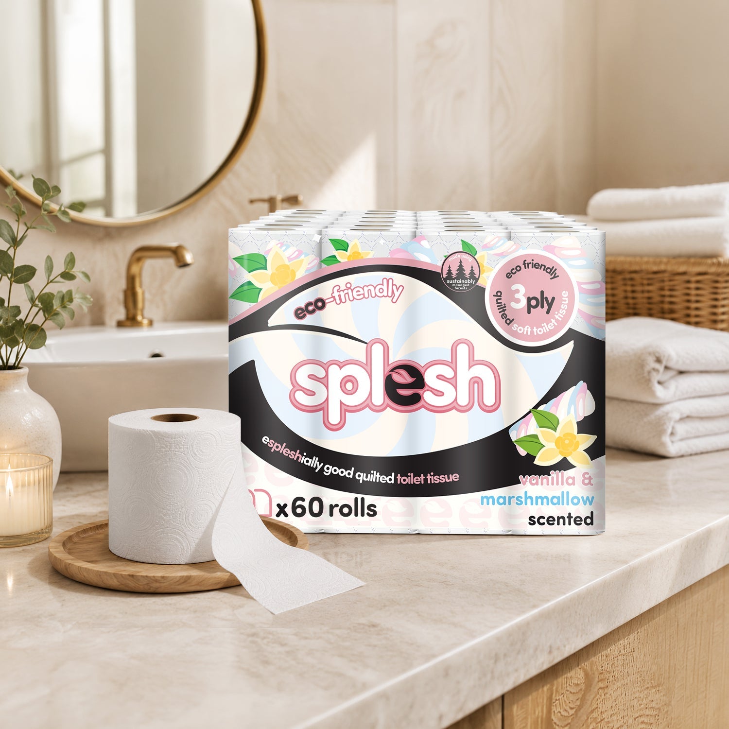 Splesh Quilted Toilet Roll Luxury Vanilla & Marshmallow 3-Ply Soft Toilet Paper, 60 Rolls