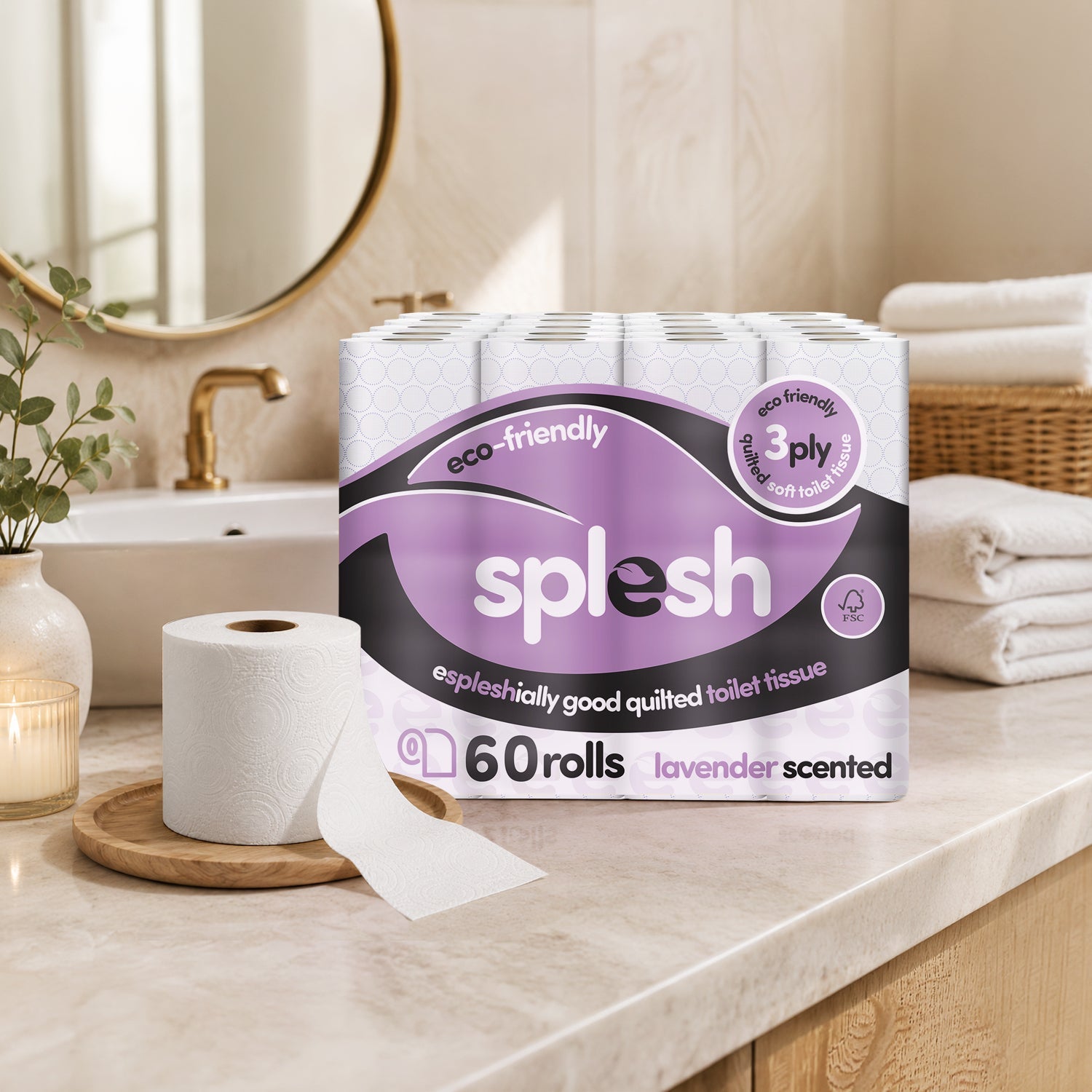 Splesh Toilet Roll, Soft & Quilted Eco-Friendly Lavender, 60 Rolls