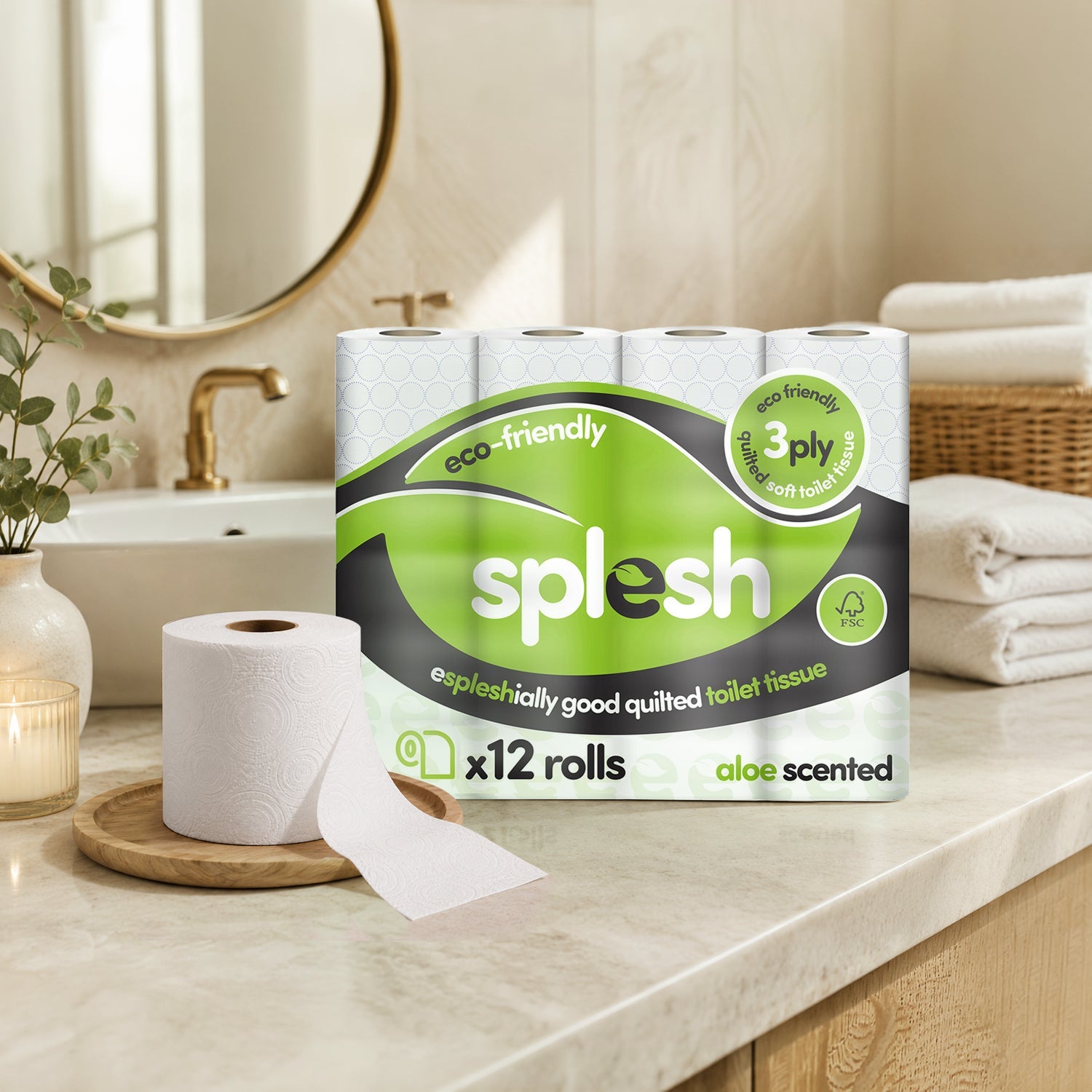 Splesh Toilet Roll Soft & Quilted 3-Ply AloeVera Scented Toilet Tissue, 12 Rolls