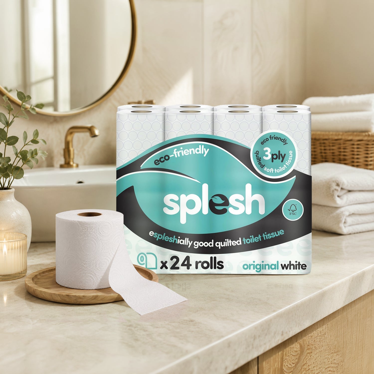 Splesh Toilet Roll Soft & Quilted 3-Ply Original White Toilet Tissue, 24 Rolls