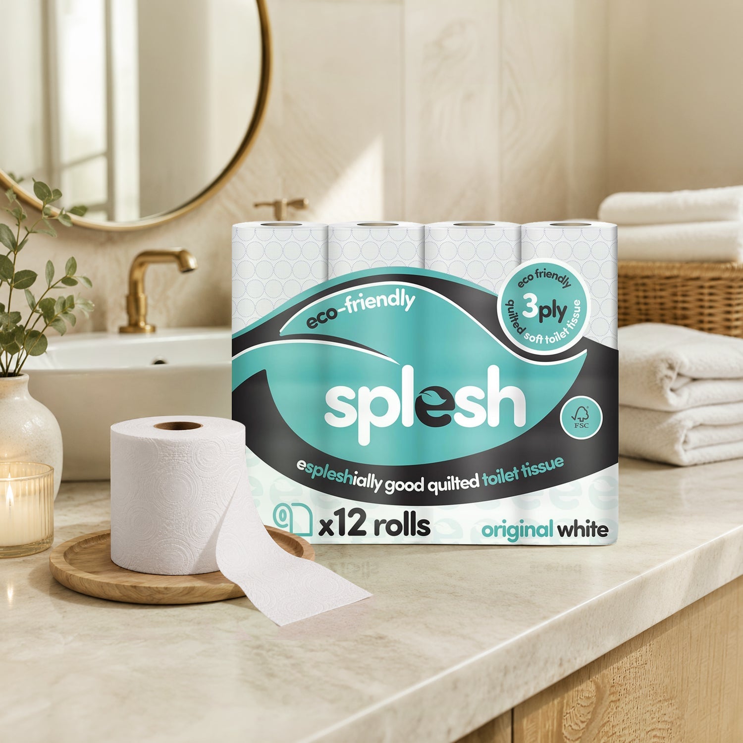 Splesh Toilet Roll Soft & Quilted 3-Ply Original White Toilet Tissue, 12 Rolls