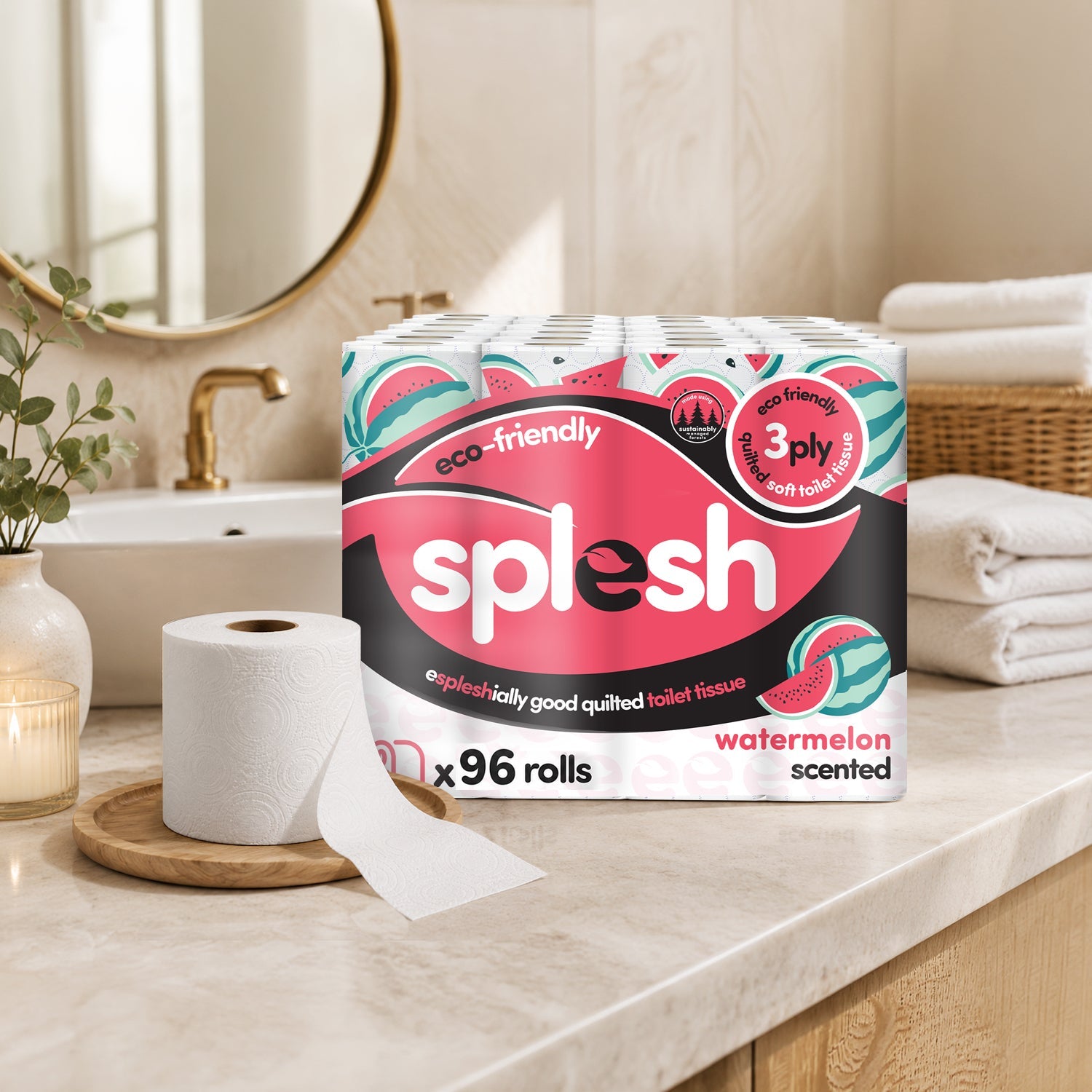 Splesh Quilted Toilet Roll Luxury Watermelon 3-Ply Soft Toilet Paper, 96 Rolls