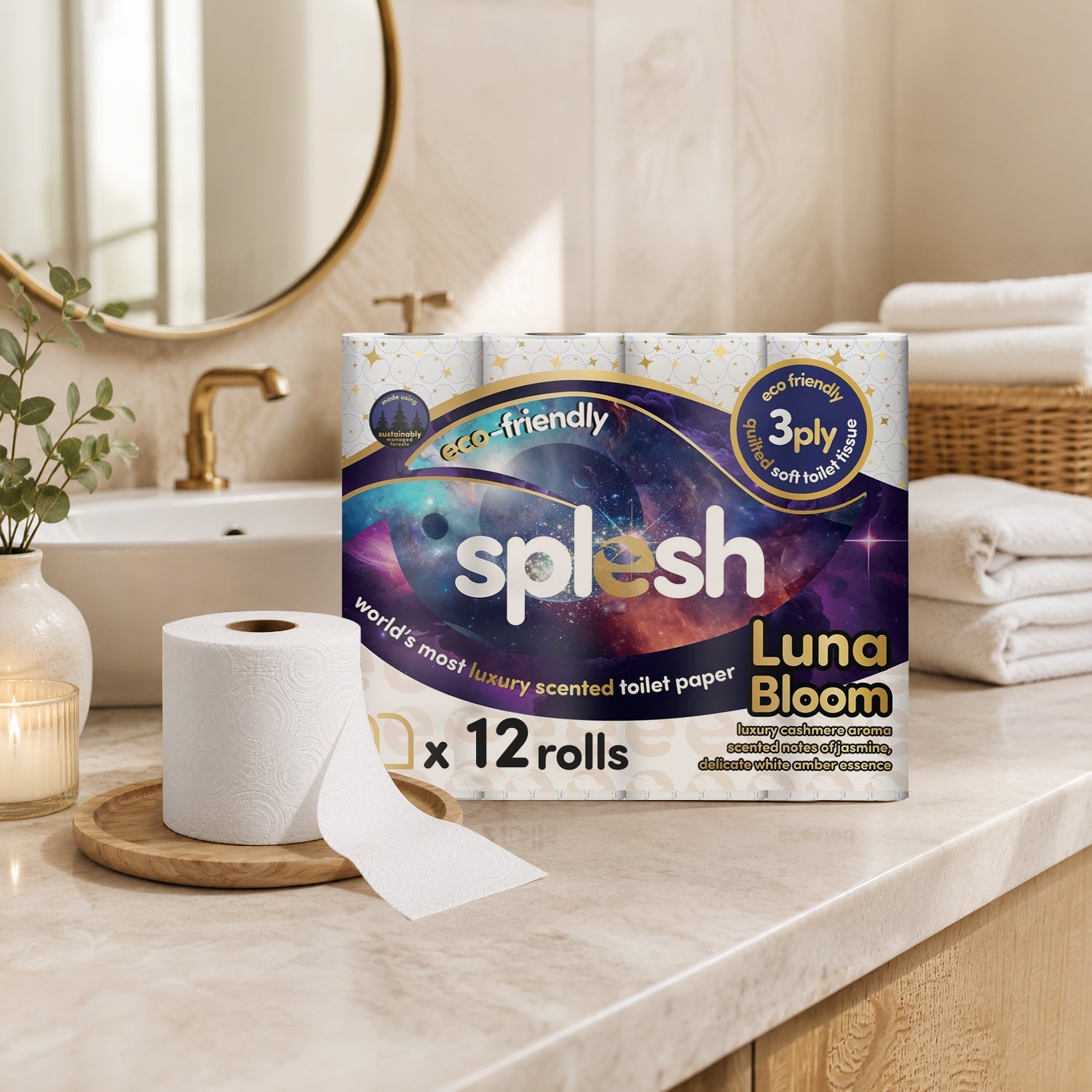 Splesh Quilted Luna Bloom 3-Ply Luxury Scented Toilet Tissue Paper, 12 Rolls