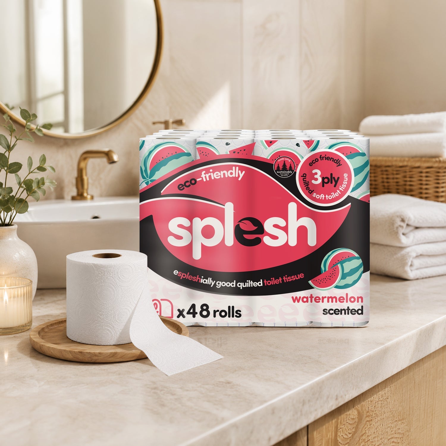 Splesh Quilted Toilet Roll Luxury Watermelon 3-Ply Soft Toilet Paper, 48 Rolls