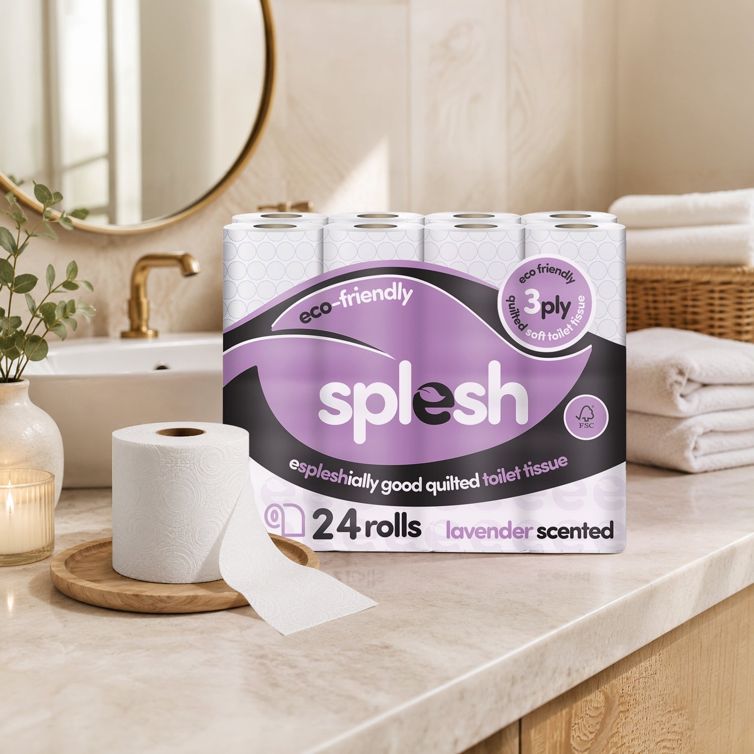 Splesh Toilet Roll Soft & Quilted 3-Ply Lavender Scented Toilet Tissue, 24 Rolls