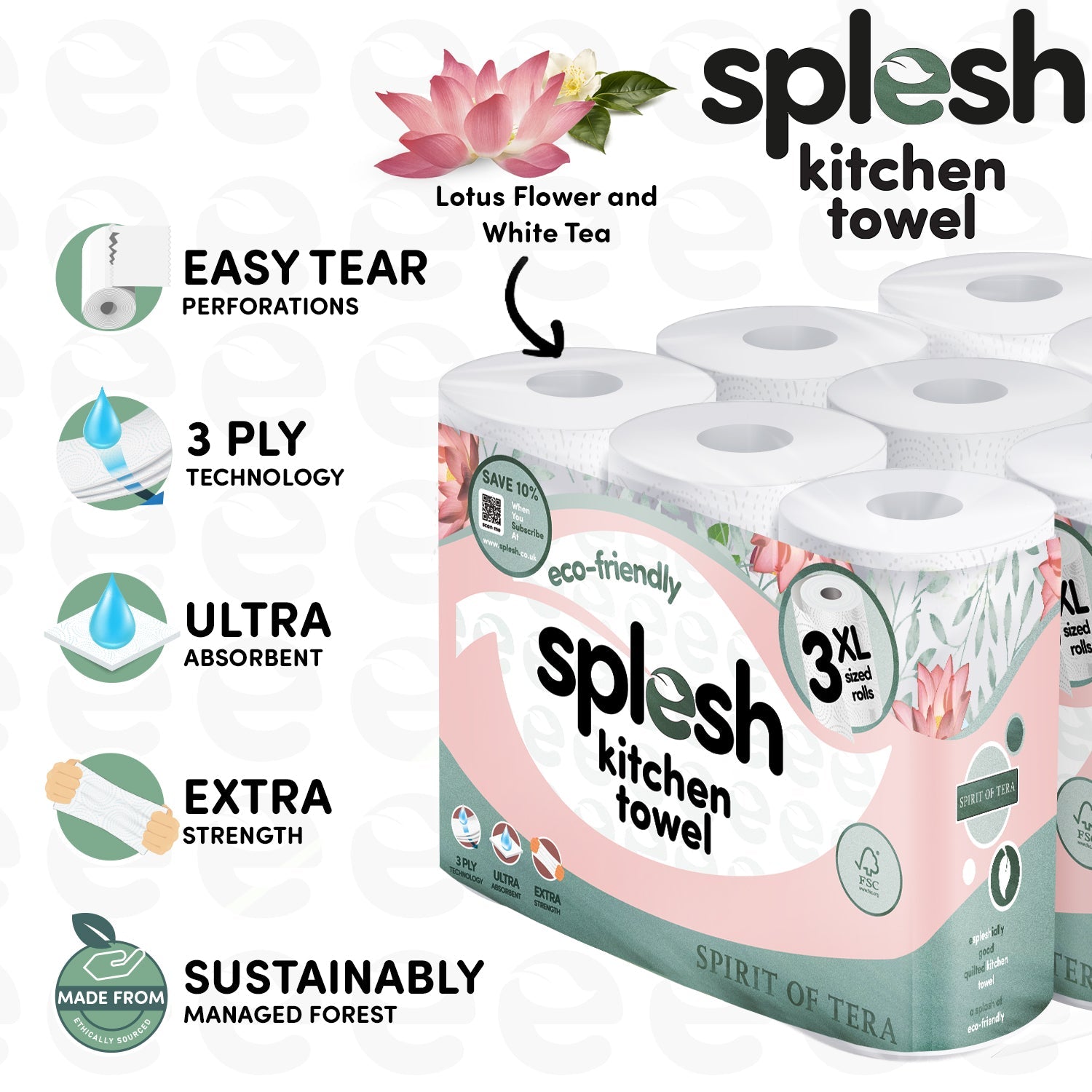 Splesh Kitchen Towel, 3 Ply Ultra Absorbent XL Roll, Spirit of Tera, 18 Rolls