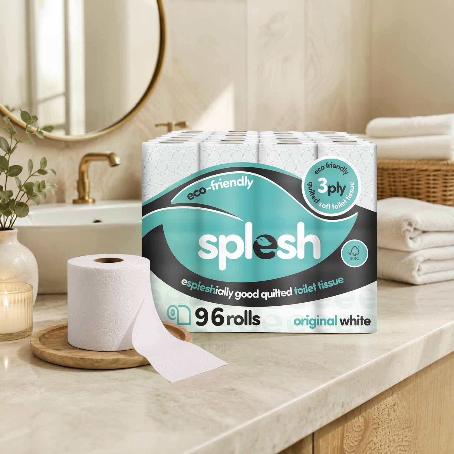 Splesh Toilet Roll, Soft & Quilted Eco-Friendly, White, 96 Rolls