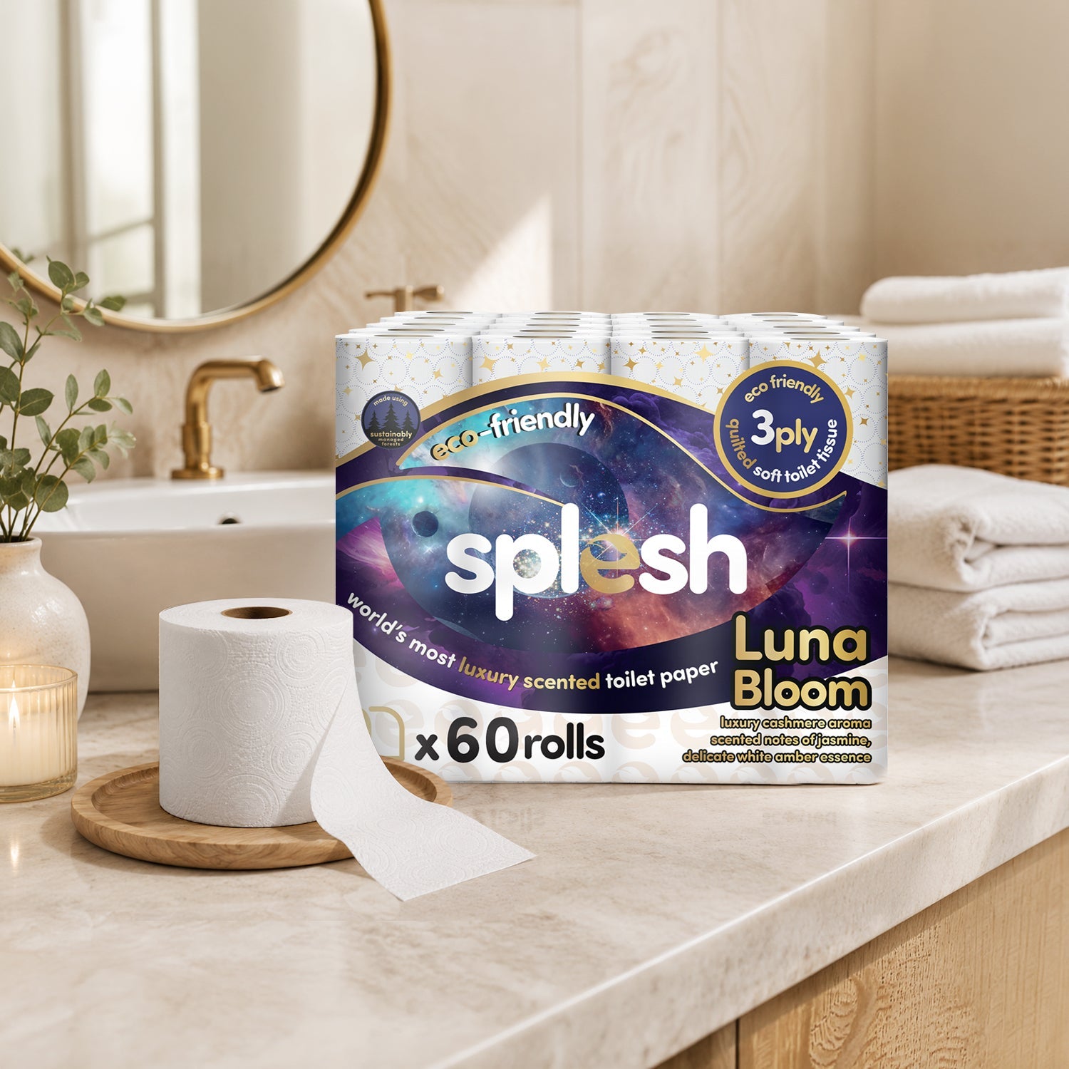 Splesh Quilted Luna Bloom 3-Ply Luxury Scented Toilet Tissue Paper, 60 Rolls