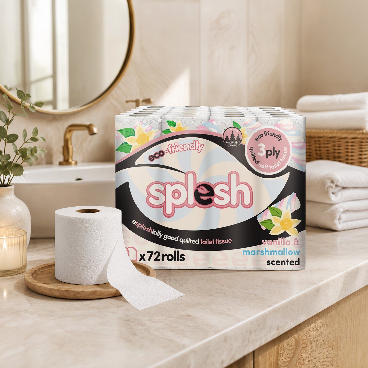 Splesh Quilted Toilet Roll Luxury Vanilla & Marshmallow 3-Ply Soft Toilet Paper, 72 Rolls