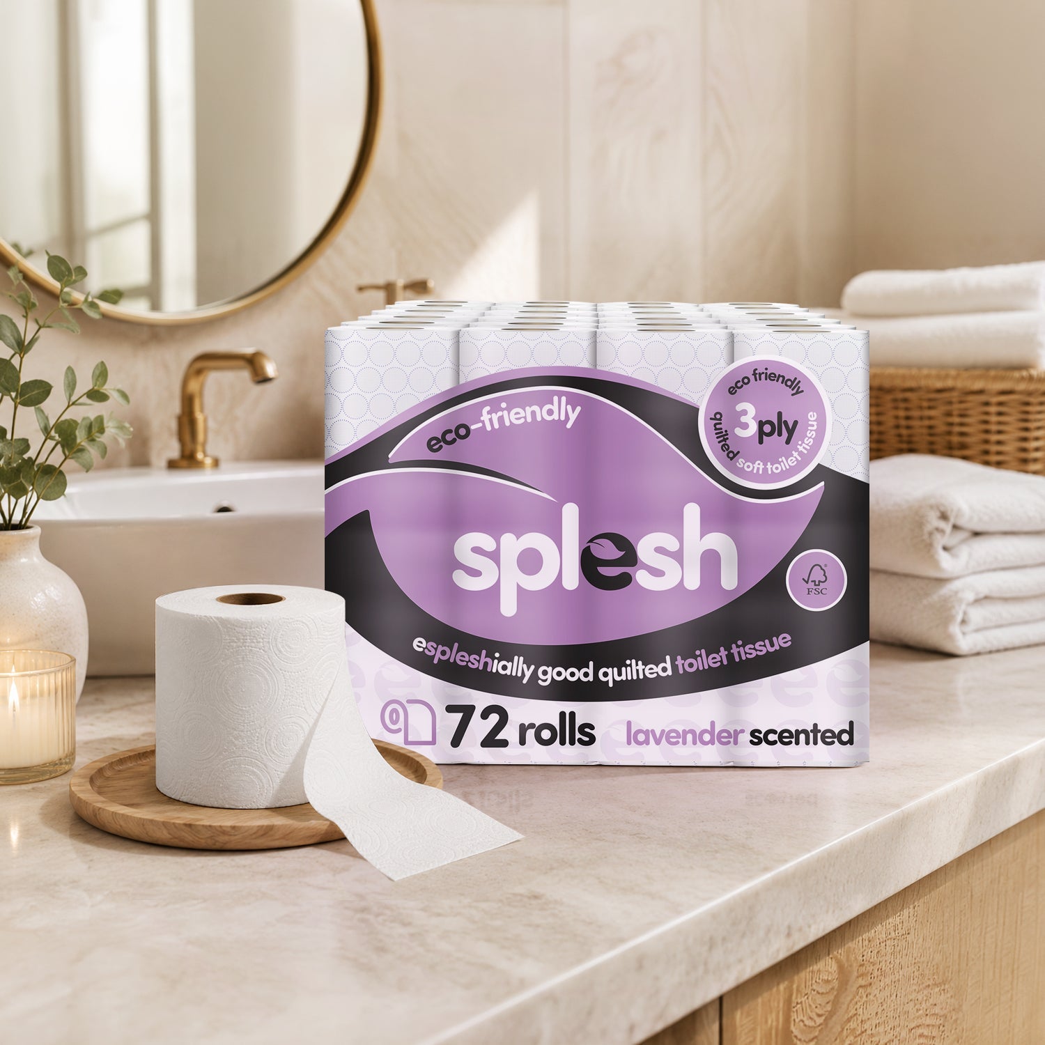 Splesh Toilet Roll, Soft & Quilted Eco-Friendly Lavender, 72 Rolls
