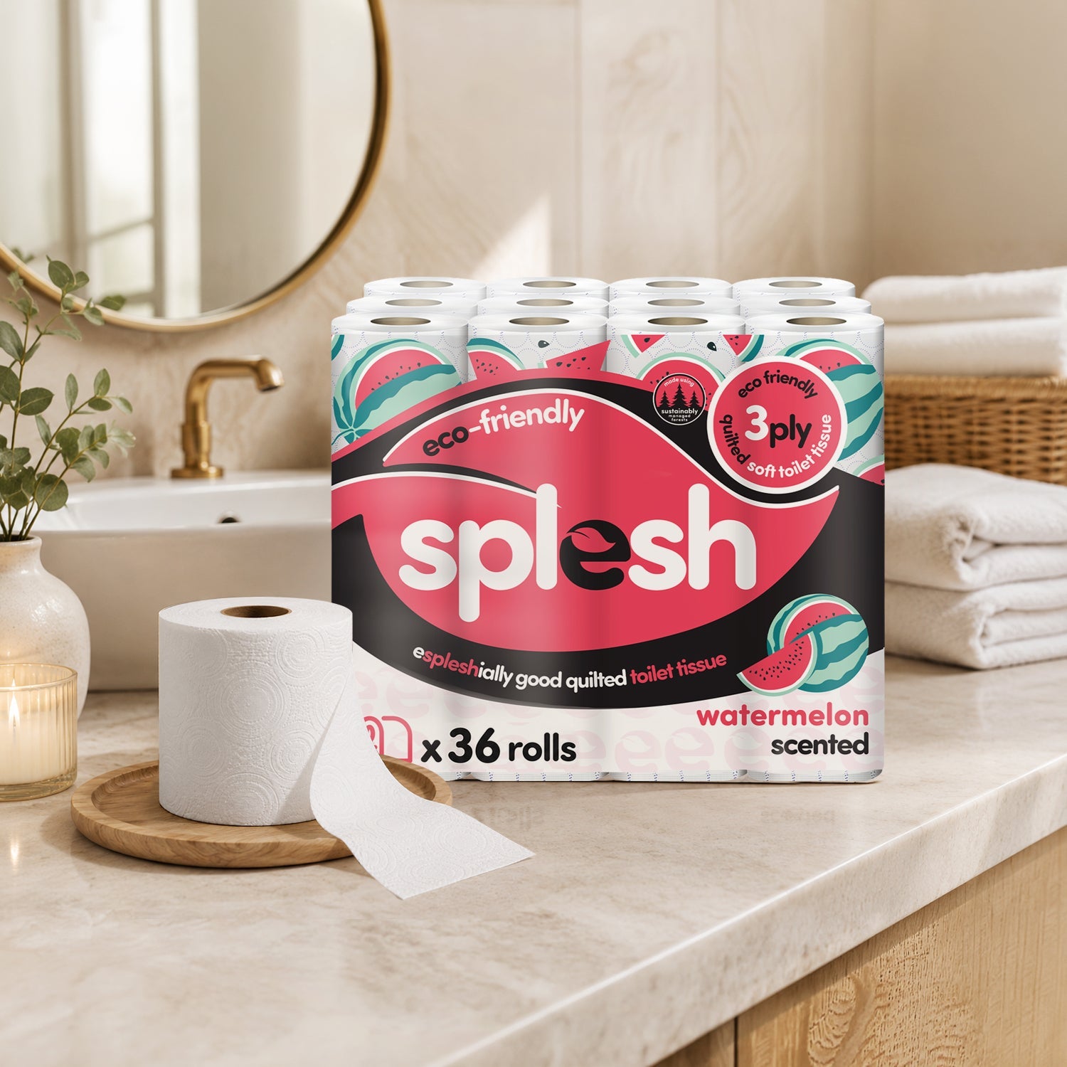 Splesh Quilted Toilet Roll Luxury Watermelon 3-Ply Soft Toilet Paper, 36 Rolls