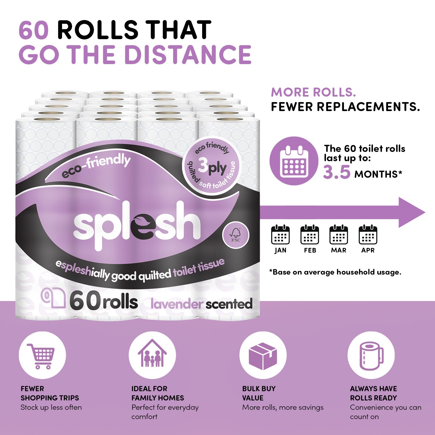 Splesh Toilet Roll, Soft & Quilted Eco-Friendly Lavender, 60 Rolls