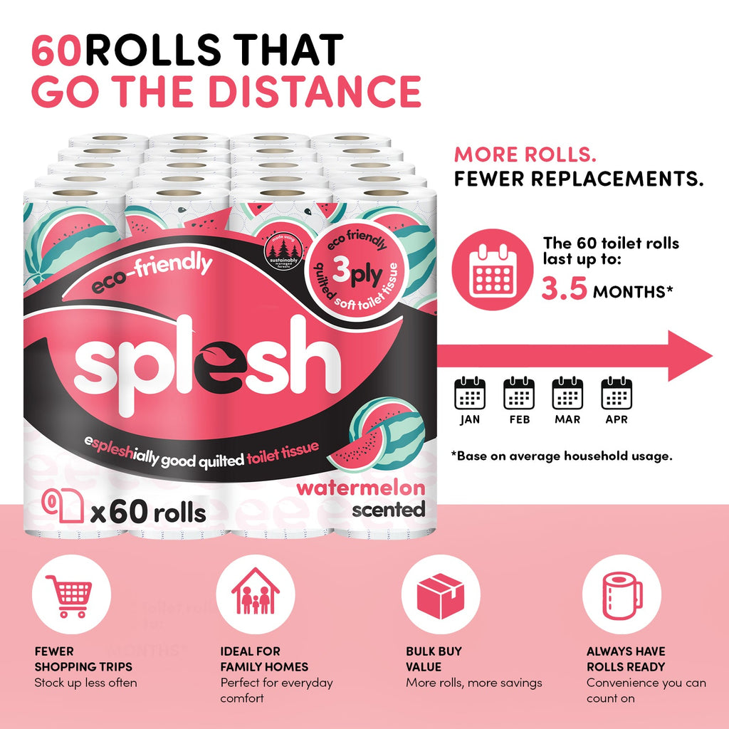 Splesh Quilted Toilet Roll Luxury Watermelon 3-Ply Soft Toilet Paper, 60 Rolls