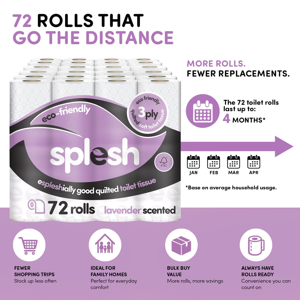 Splesh Toilet Roll, Soft & Quilted Eco-Friendly Lavender, 72 Rolls
