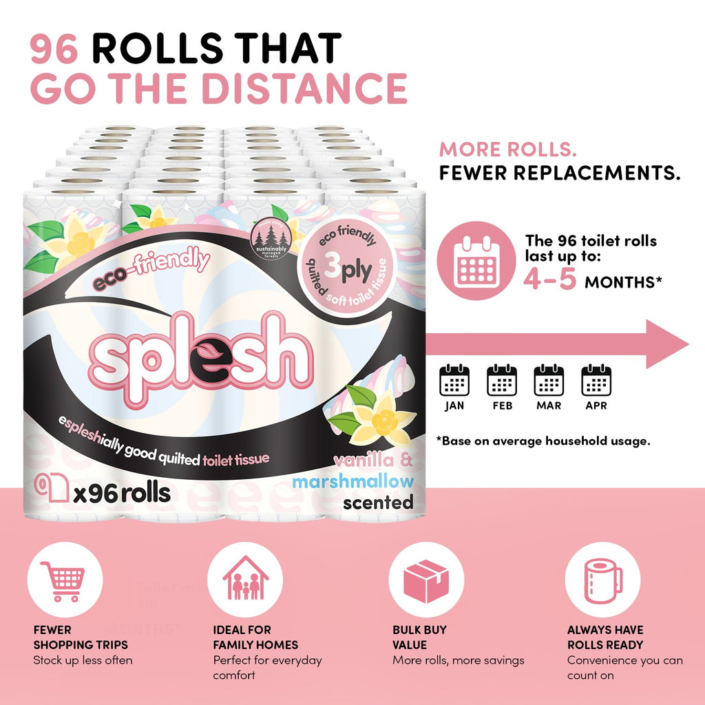 Splesh Quilted Toilet Roll Luxury Vanilla & Marshmallow 3-Ply Soft Toilet Paper, 96 Rolls